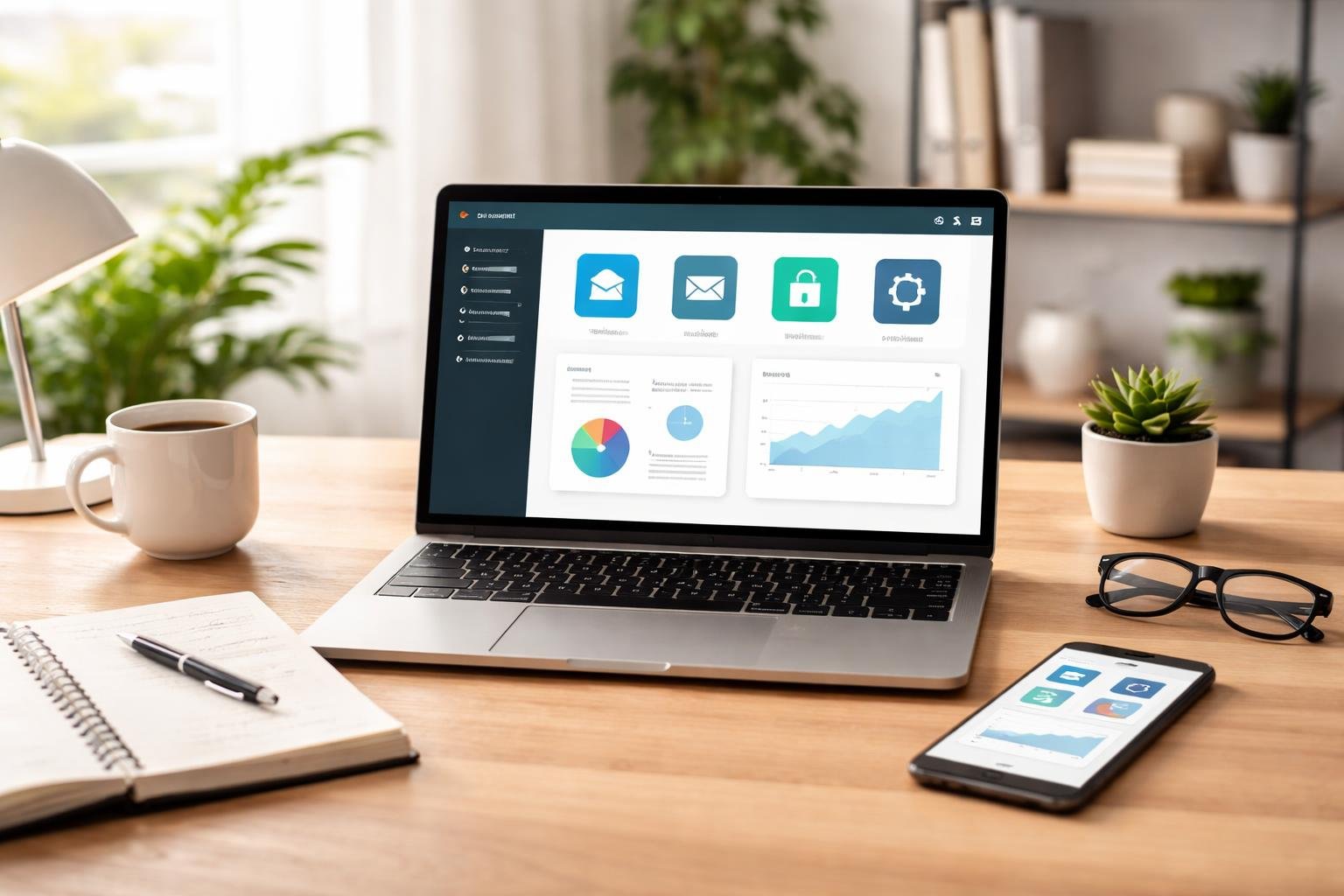 Web Hosting for Beginners Guide: Everything You Need to Get Online 1 A laptop on a desk showing a web hosting dashboard, surrounded by a notebook, coffee cup, and smartphone in a bright office setting with plants.