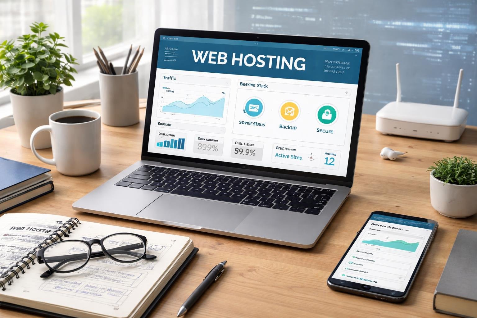 Web Hosting for Beginners Guide: Everything You Need to Get Online 2 A workspace with a laptop showing a website dashboard, notebook, coffee cup, smartphone, and tech equipment on a desk.
