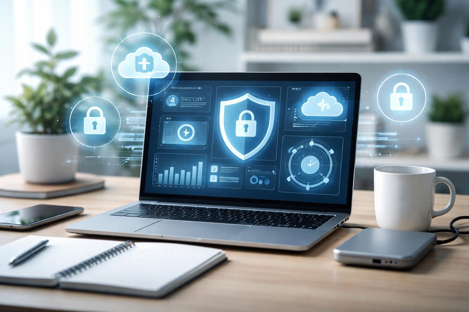 Web Hosting for Beginners Guide: Everything You Need to Get Online 3 A workspace with a laptop showing security icons and digital graphics representing website security and backups.