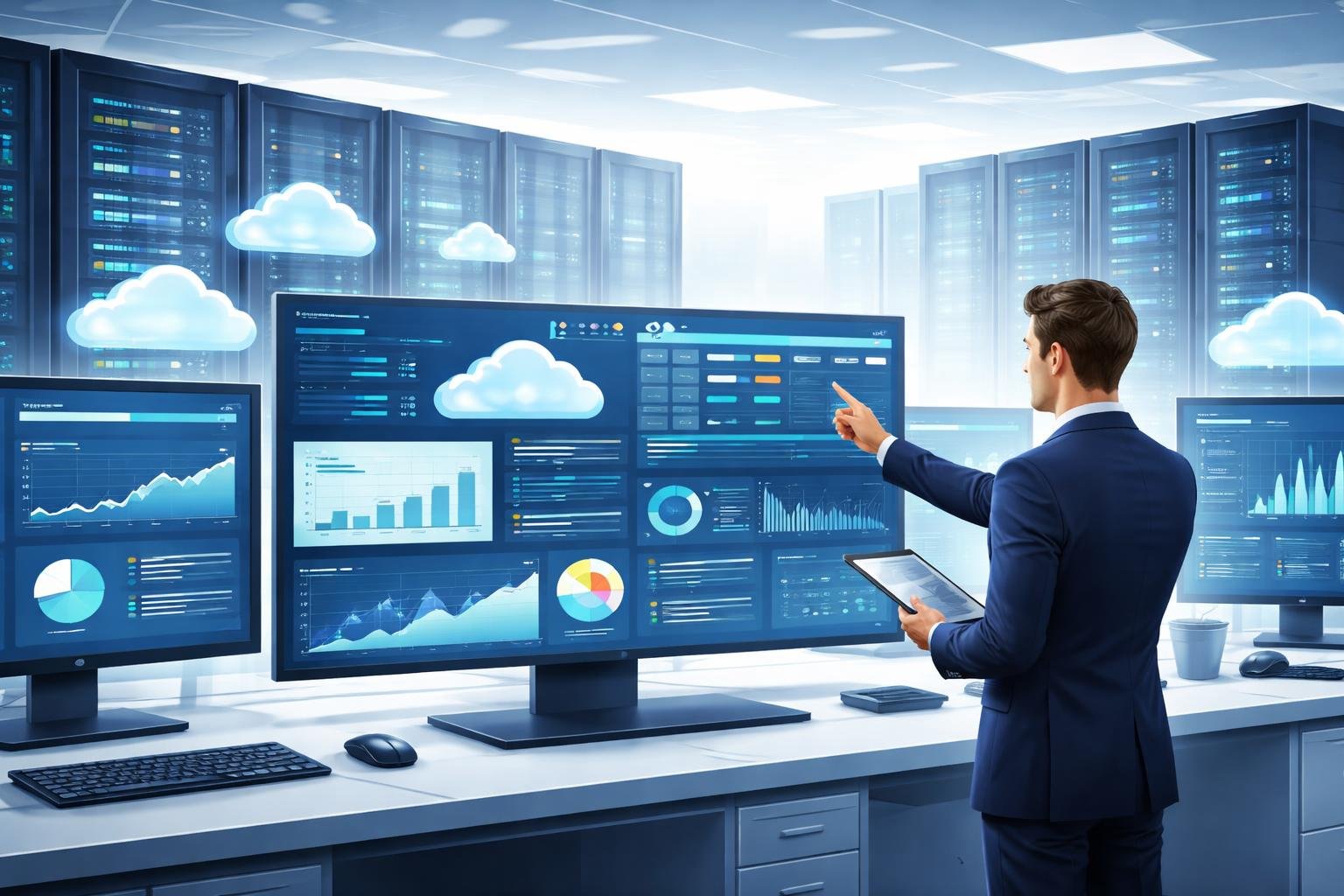 A professional analyzing data on computer screens in a modern office with server racks in the background.