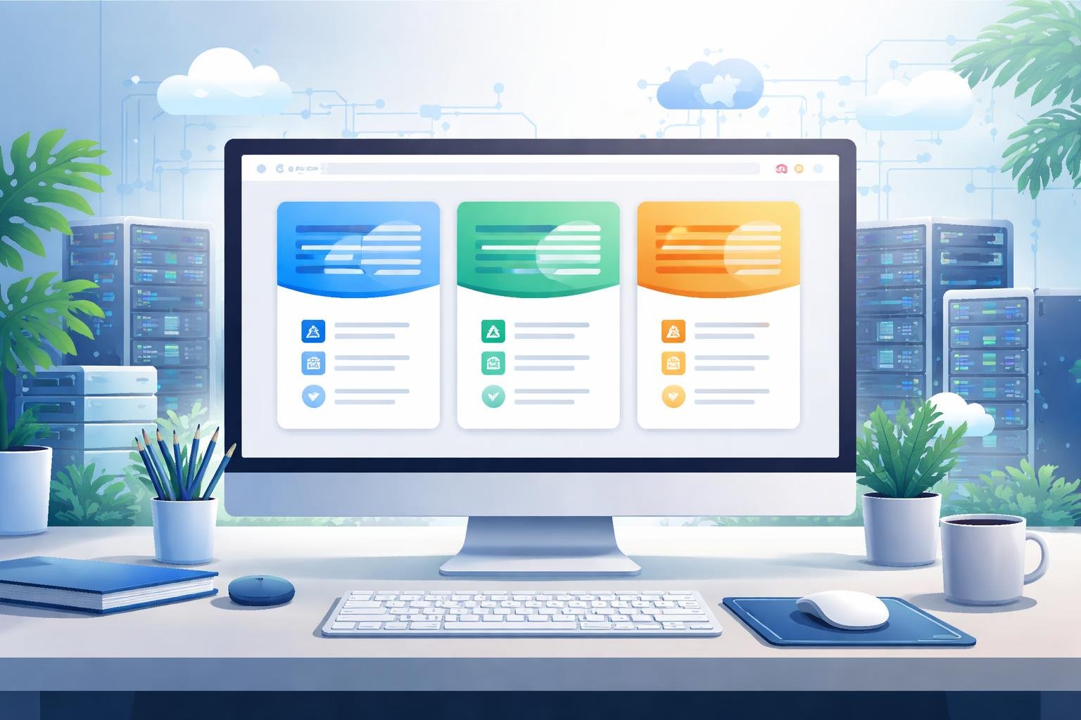 DreamHost Review Honest Opinion: Real Features, Performance, and Value 3 A modern workspace with a computer showing different hosting plan options represented by colorful cards, surrounded by icons of cloud, servers, and network connections.