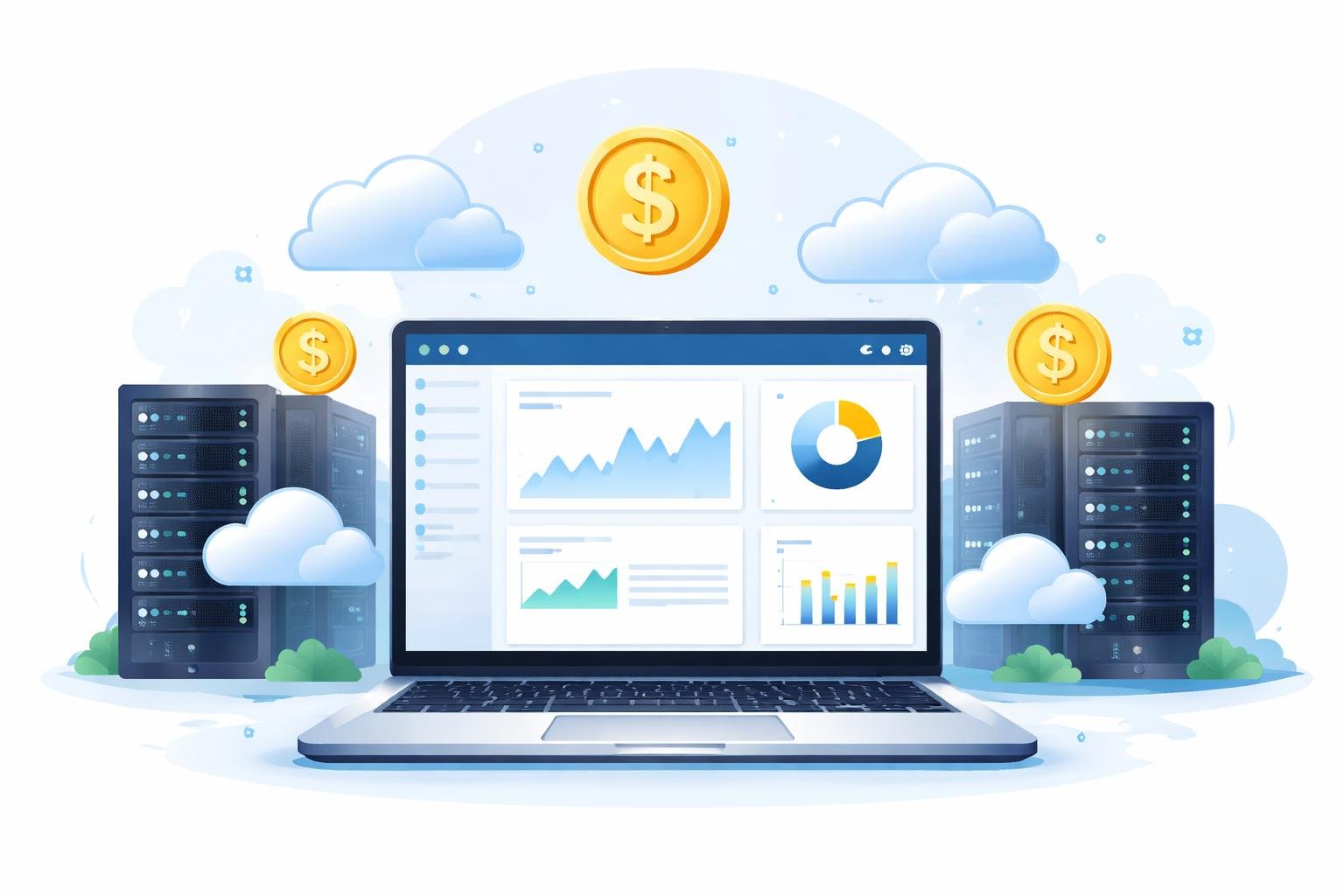 A laptop showing a website dashboard surrounded by server racks, cloud icons, and dollar signs representing affordable web hosting.