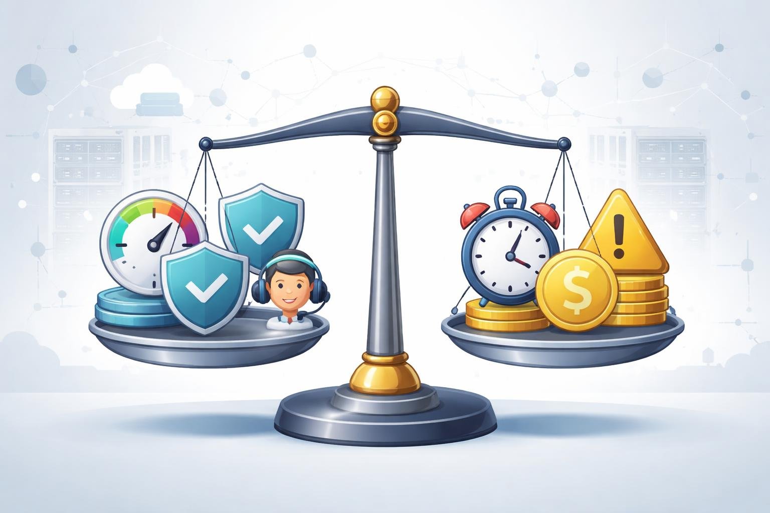 A balanced scale showing icons representing the pros and cons of a web hosting service, with symbols for speed, security, support on one side and downtime, cost, and warnings on the other.