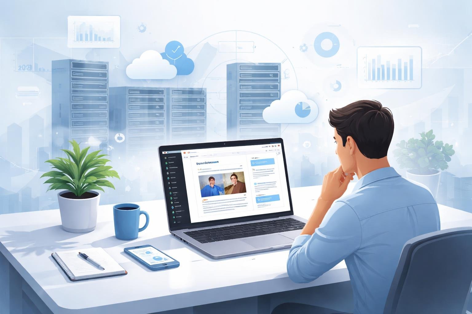 Hostinger Review 2026: Is It Good for a WordPress Blog? 1 A person working on a laptop with a WordPress dashboard open, surrounded by cloud and server icons representing web hosting in a modern workspace.