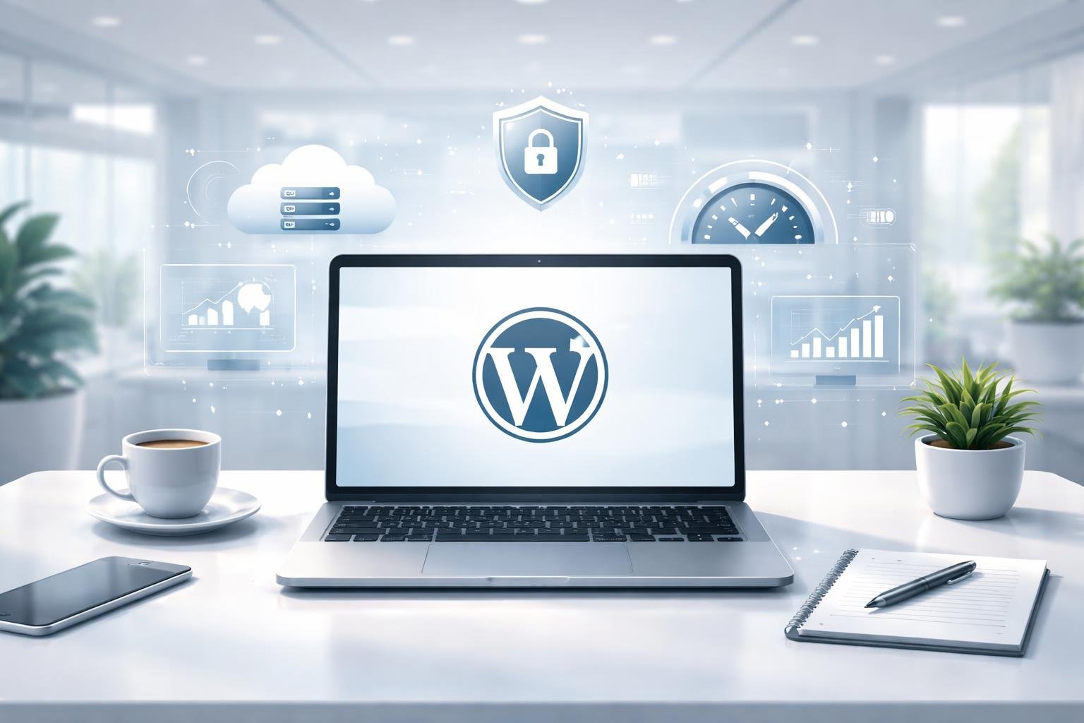 Hostinger Review 2026: Is It Good for a WordPress Blog? 2 A modern workspace with a laptop showing the WordPress logo, surrounded by icons representing hosting and website performance, set in a bright office environment.