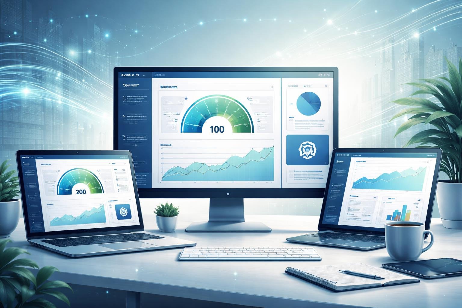 Hostinger Review 2026: Is It Good for a WordPress Blog? 3 A modern workspace with screens showing website speed and performance graphs alongside digital elements representing fast data flow and web hosting analytics.
