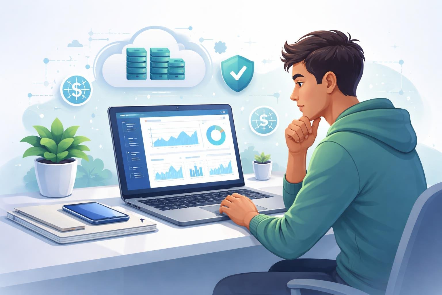 Namecheap Hosting Review 2026: Good for Beginners? 1 A person working on a laptop at a desk with web hosting dashboard and tech icons around, representing someone exploring hosting services.