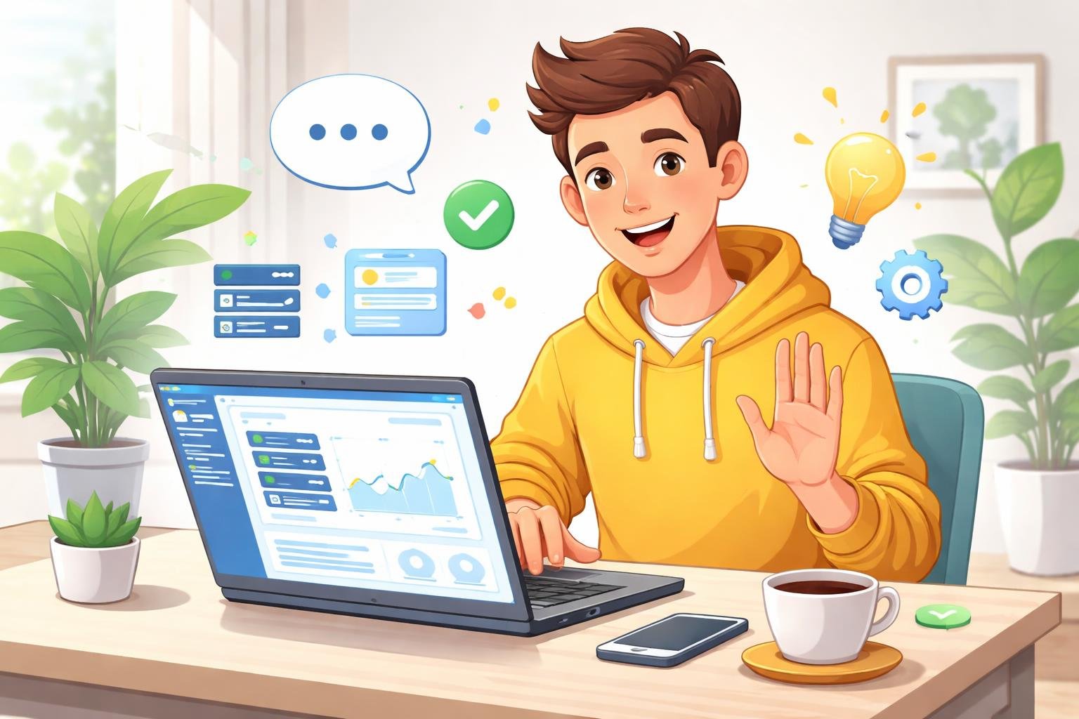 Namecheap Hosting Review 2026: Good for Beginners? 2 A person sitting at a desk using a laptop, with icons representing web hosting and support around them in a bright home office.