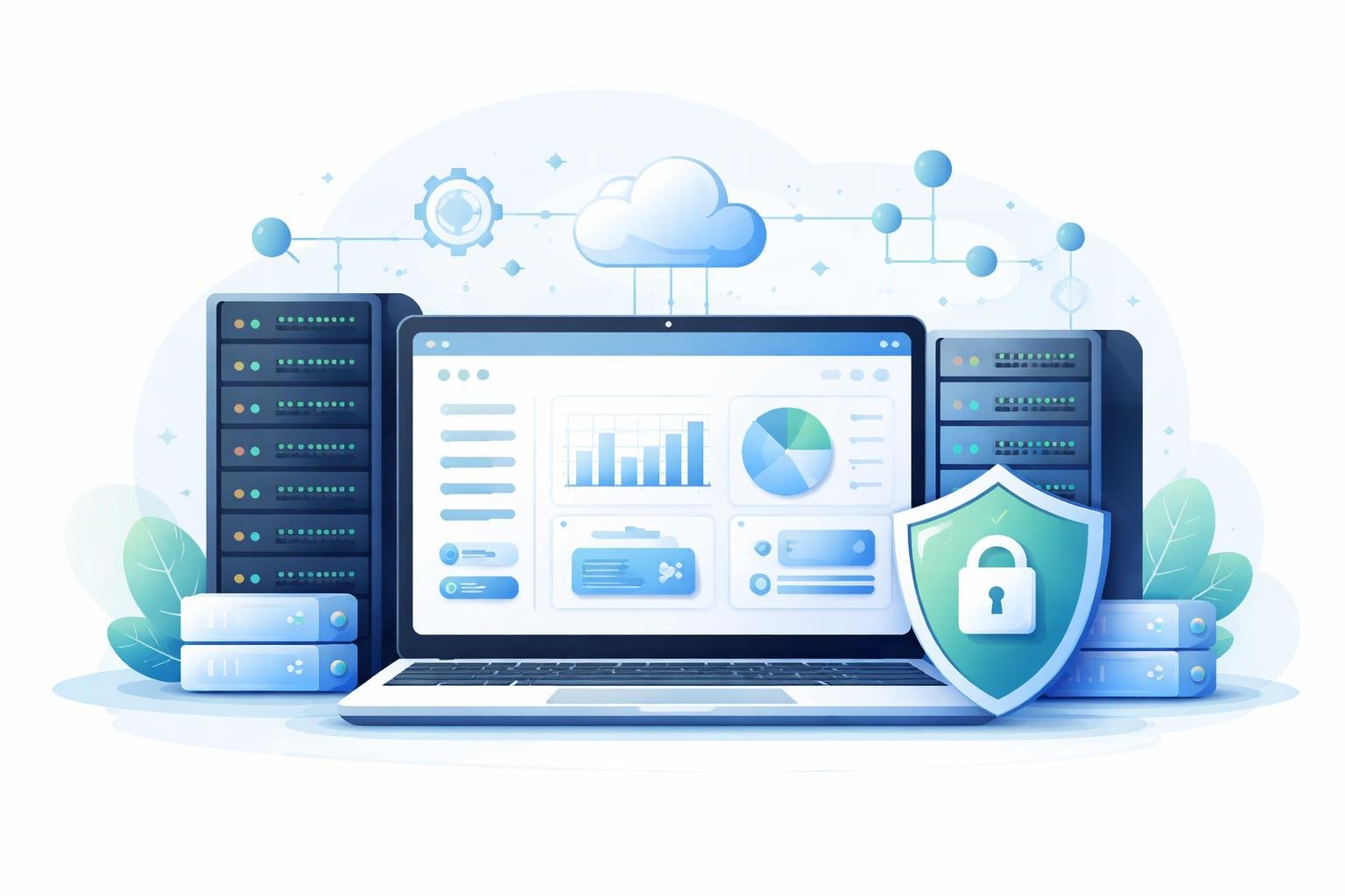 Namecheap Hosting Review 2026: Good for Beginners? 3 A laptop showing a web hosting dashboard surrounded by server racks, security shield, and network icons representing hosting services.