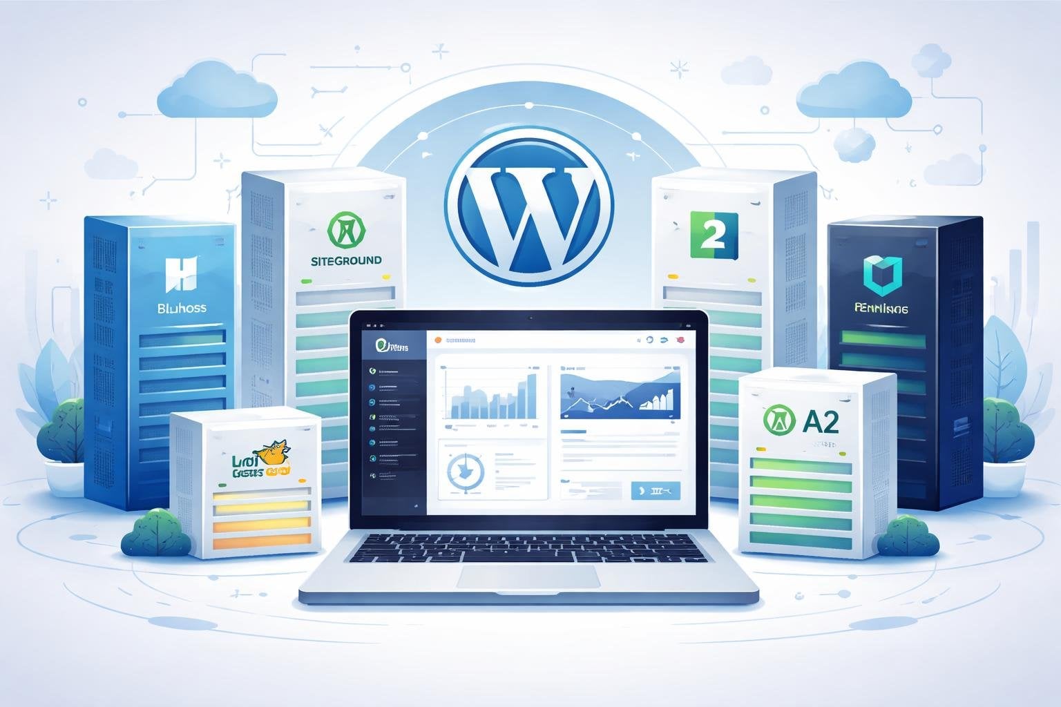 Best WordPress Hosting: Top 5 Hosts Compared for 2026 1 A workspace with a laptop showing website data and five different server icons representing top web hosting providers connected by network lines.