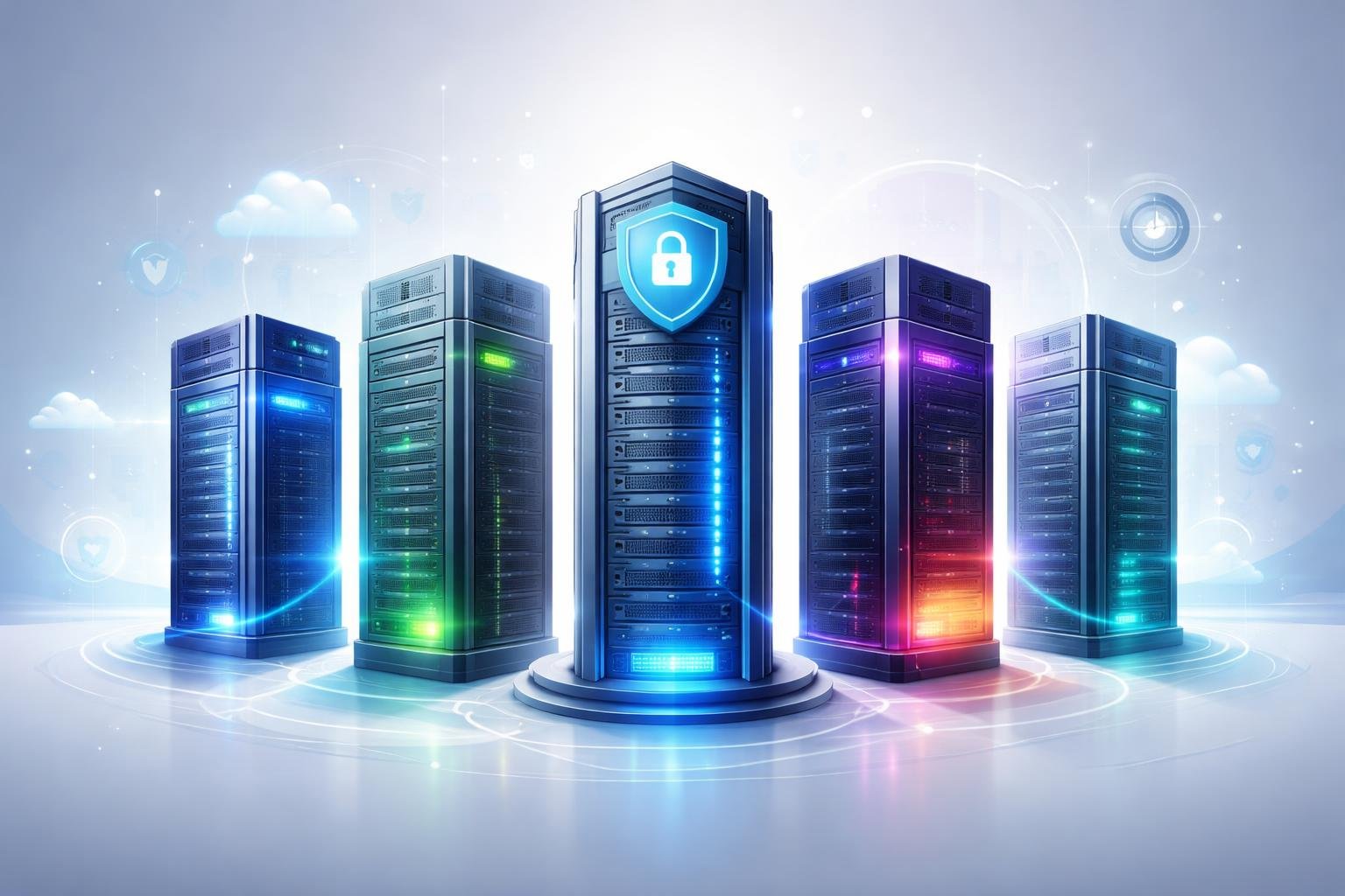 Best WordPress Hosting: Top 5 Hosts Compared for 2026 2 Five futuristic server towers with glowing accents surrounded by digital cloud and network icons, representing top WordPress hosting providers in 2026.