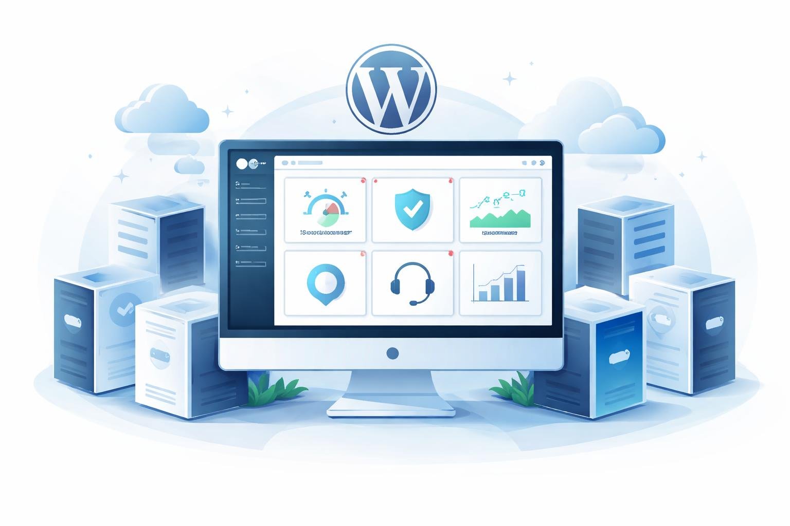Best WordPress Hosting: Top 5 Hosts Compared for 2026 3 A computer monitor showing a WordPress dashboard surrounded by five servers and icons representing hosting features like speed, security, uptime, support, and scalability.