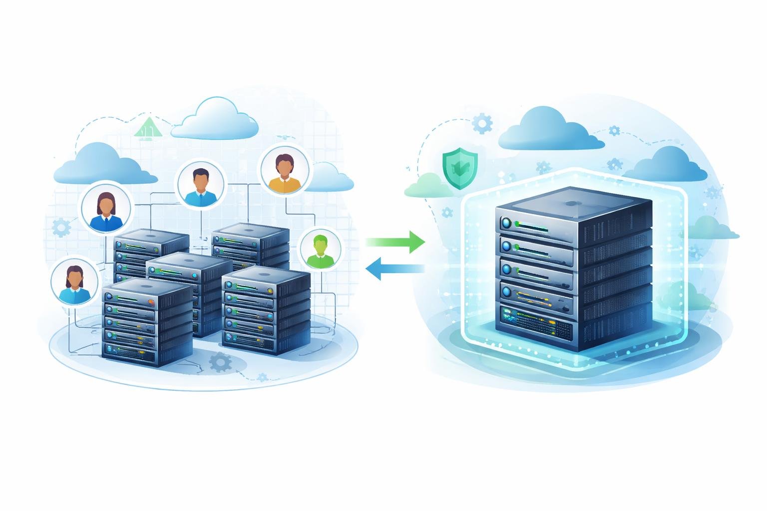 Shared vs VPS Hosting: Which Do You Really Need for Your Website? 1 Illustration showing a group of connected servers representing shared hosting on one side and a single isolated server representing VPS hosting on the other side, with digital and cloud elements in the background.