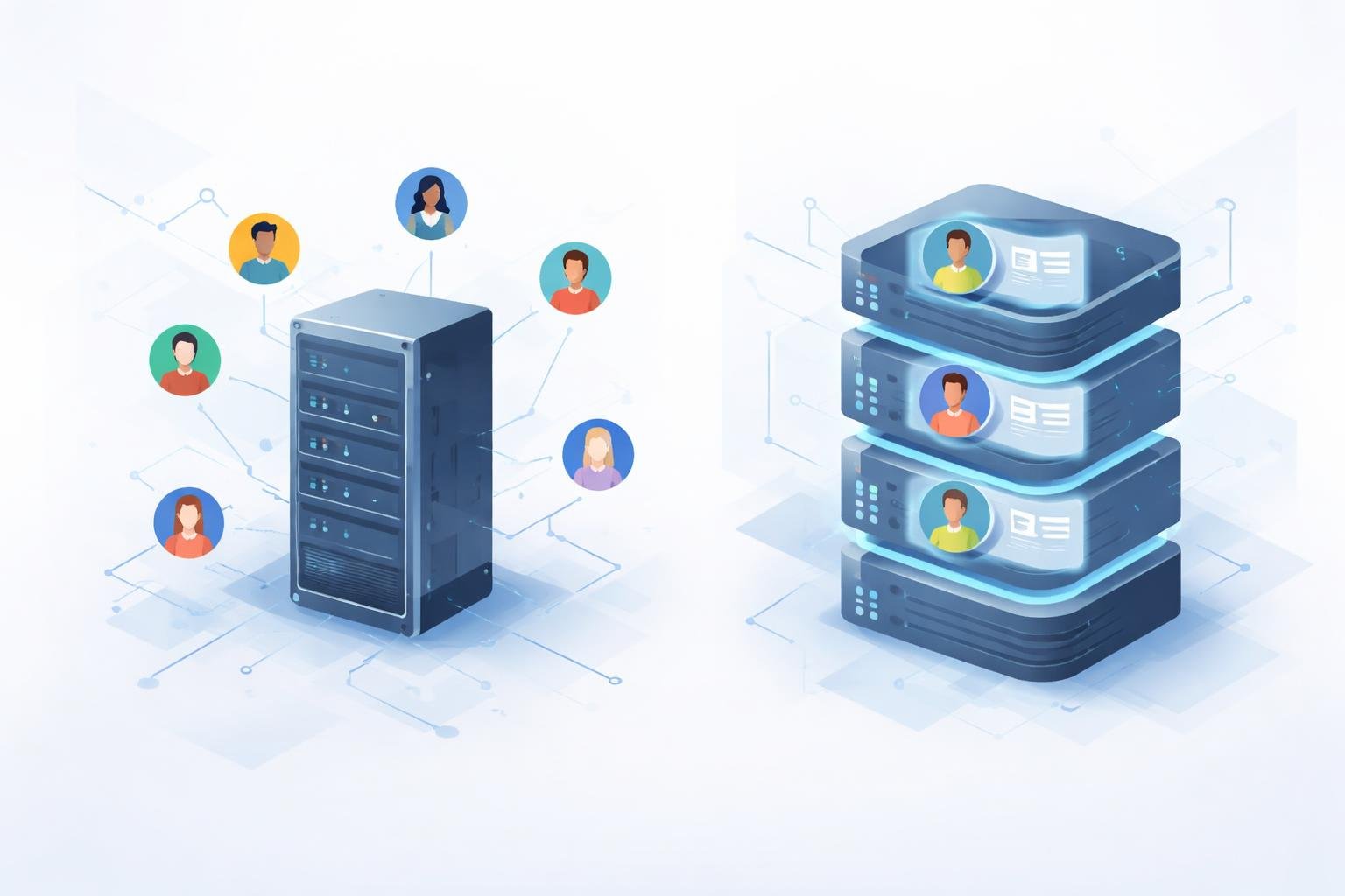 Shared vs VPS Hosting: Which Do You Really Need for Your Website? 2 An illustration showing a large shared server connected to multiple users on one side, and a segmented virtual private server with isolated users on the other side, representing shared hosting versus VPS hosting.