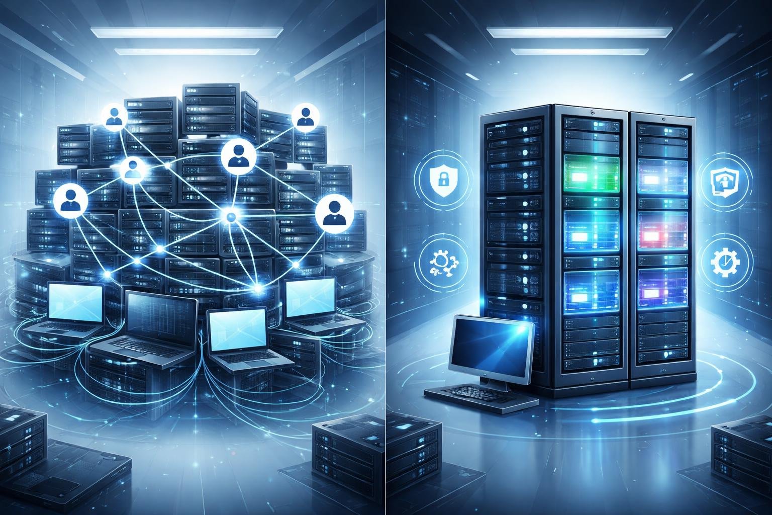Shared vs VPS Hosting: Which Do You Really Need for Your Website? 3 A split illustration showing a crowded shared server environment on one side and a secure, partitioned VPS server setup on the other side.