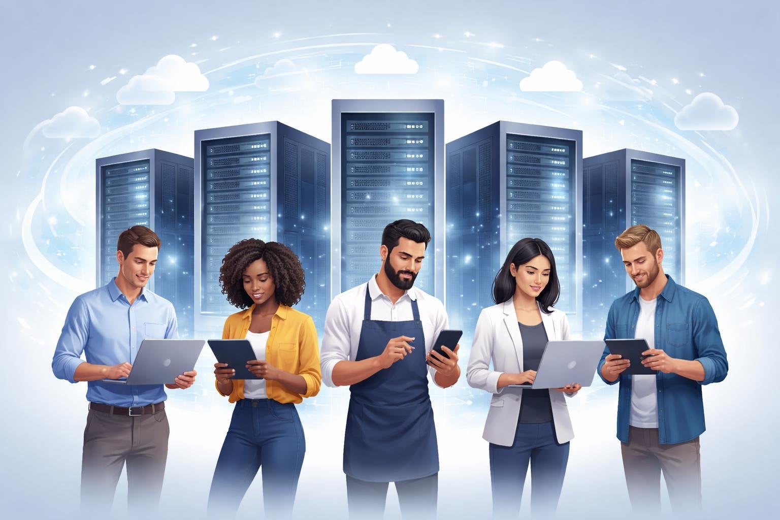 5 Best Web Hosting for Small Business 2026: Top Reliable Picks 1 Five small business owners using digital devices in front of five glowing server towers connected by digital network streams.