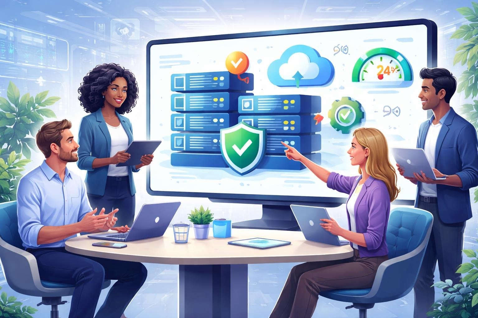 5 Best Web Hosting for Small Business 2026: Top Reliable Picks 2 A group of small business owners working together around a digital screen showing icons of servers, cloud storage, and security in a modern office setting.