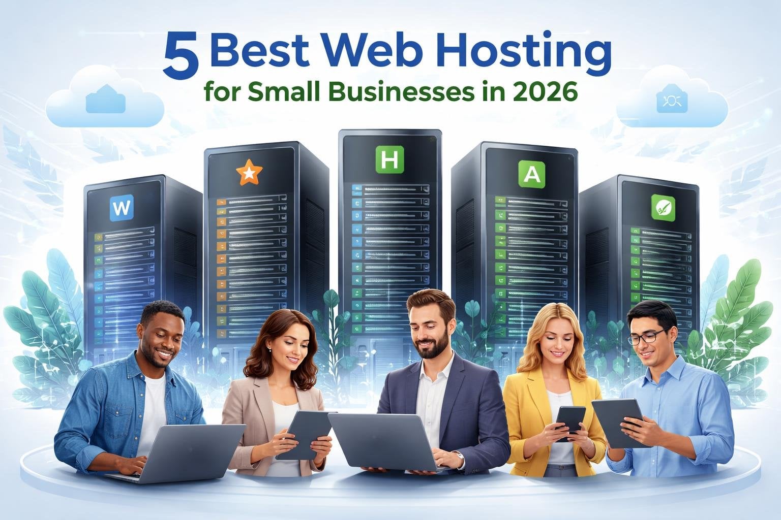 5 Best Web Hosting for Small Business 2026: Top Reliable Picks 3 Five server towers arranged in a semi-circle with small business owners using laptops and tablets, connected by digital network and cloud icons.