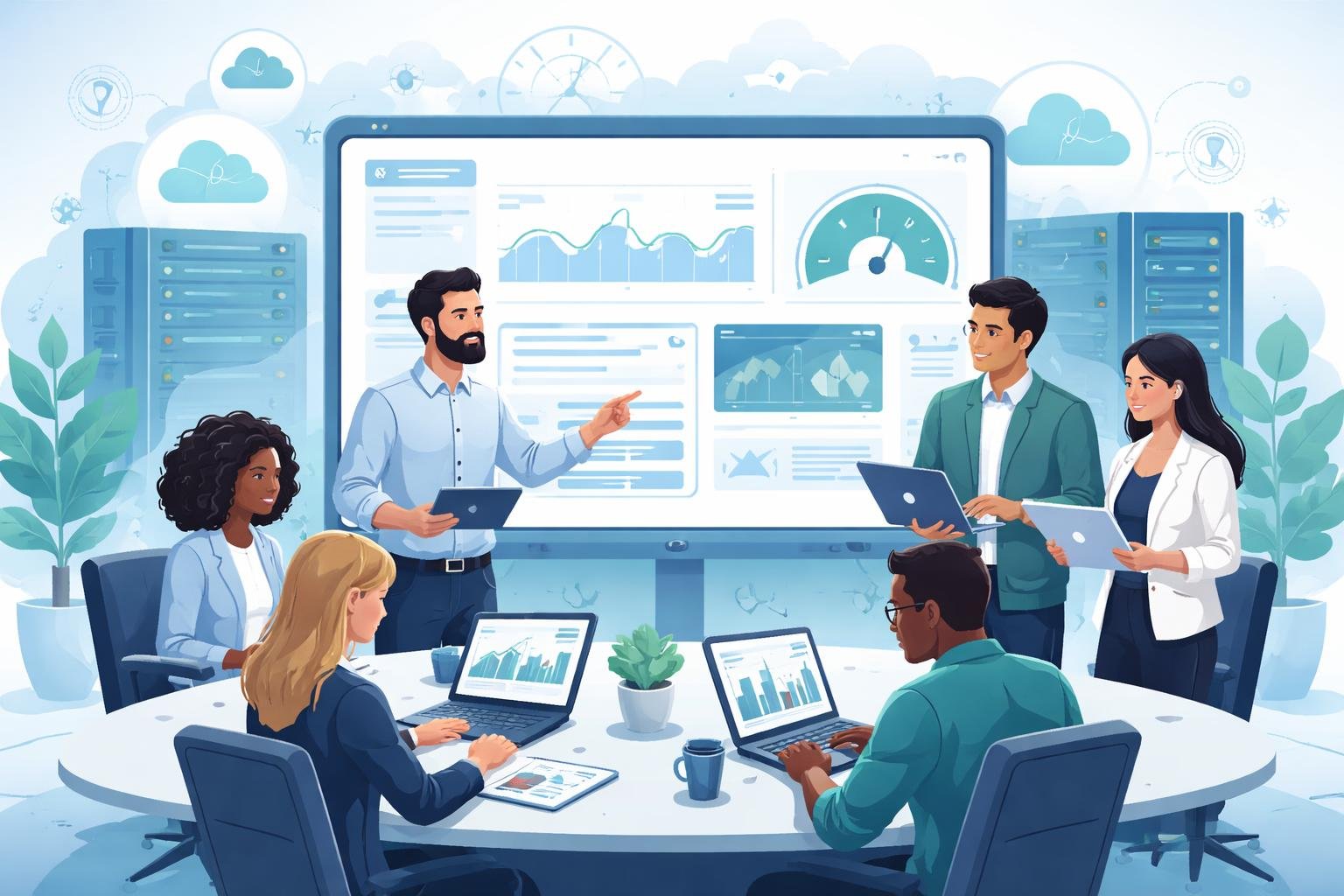 A team of professionals collaborating around a digital screen showing cloud hosting and website elements in a modern office.