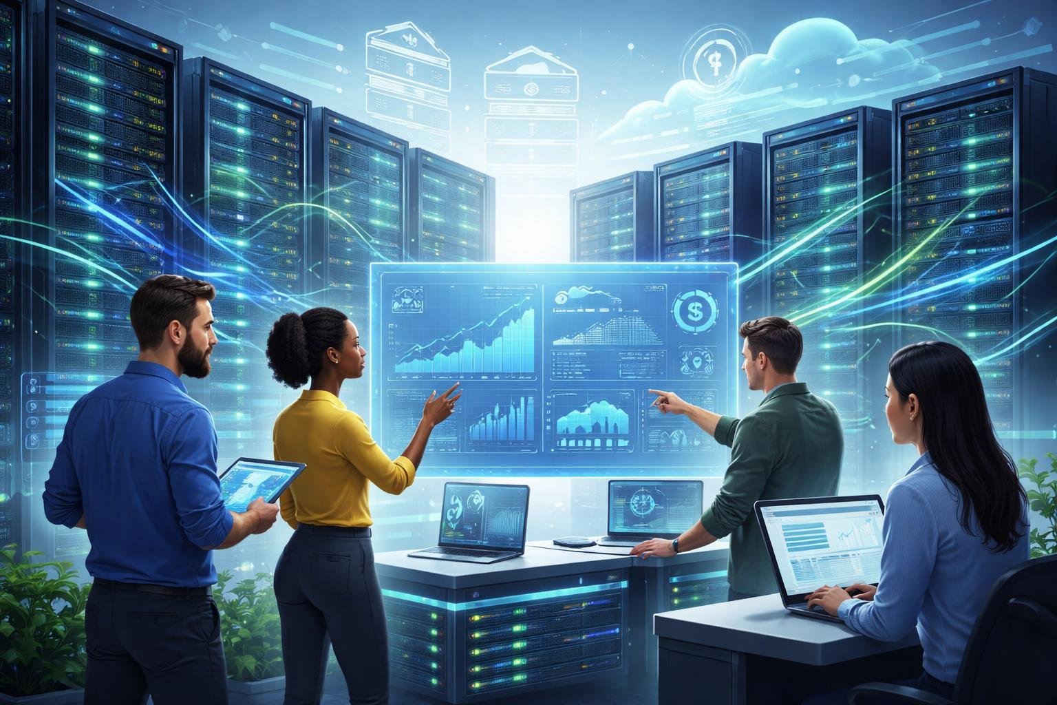 kinsta review wordpress agency hosting for 2026 3 A team of IT professionals working in a modern server room with glowing server racks and holographic screens displaying performance data.