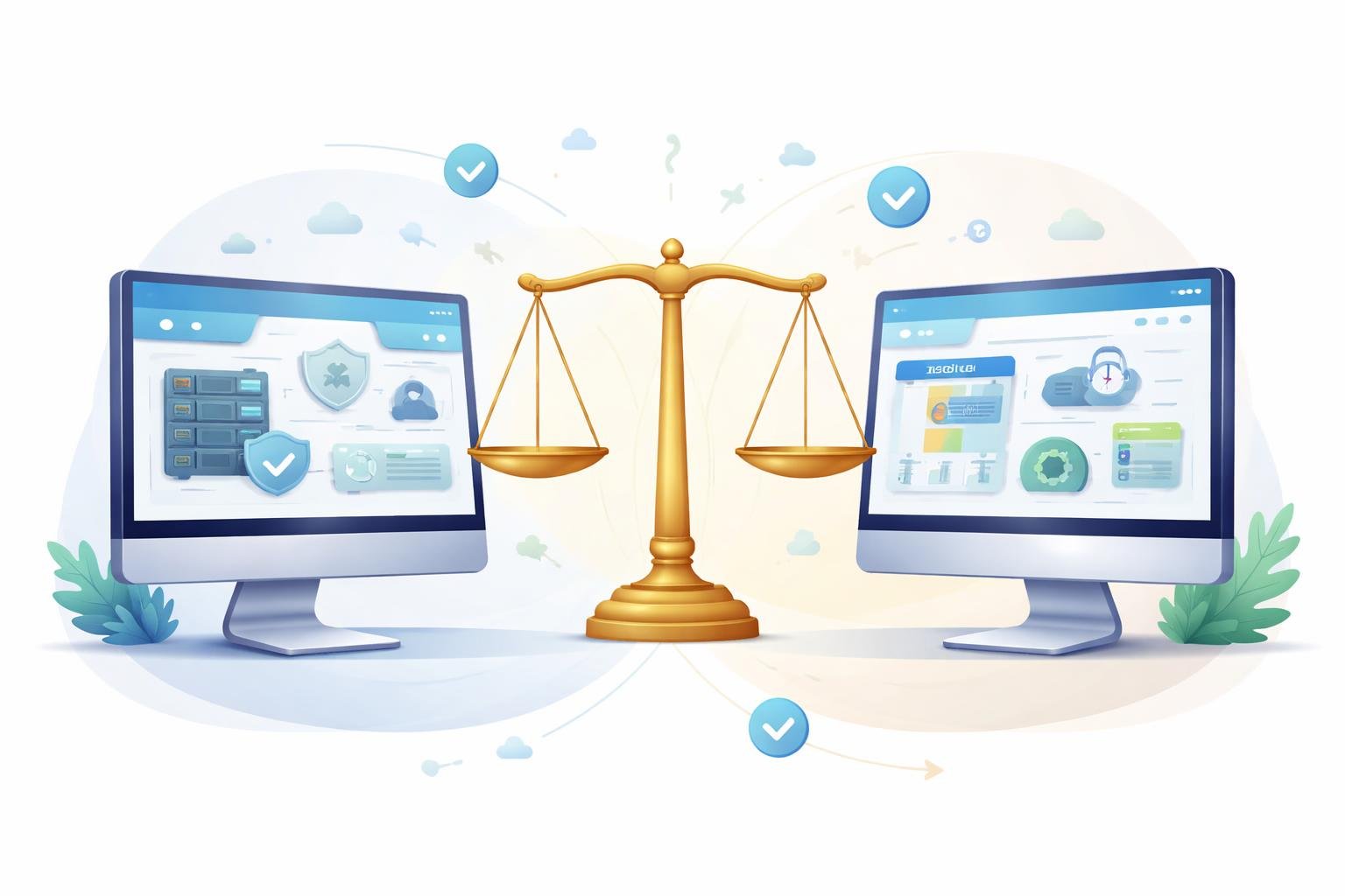SiteGround vs Bluehost for Beginners: Which Is Better? 1 Two computer monitors side by side showing different web hosting dashboards with icons, connected by a balanced scale symbolizing comparison and choice.