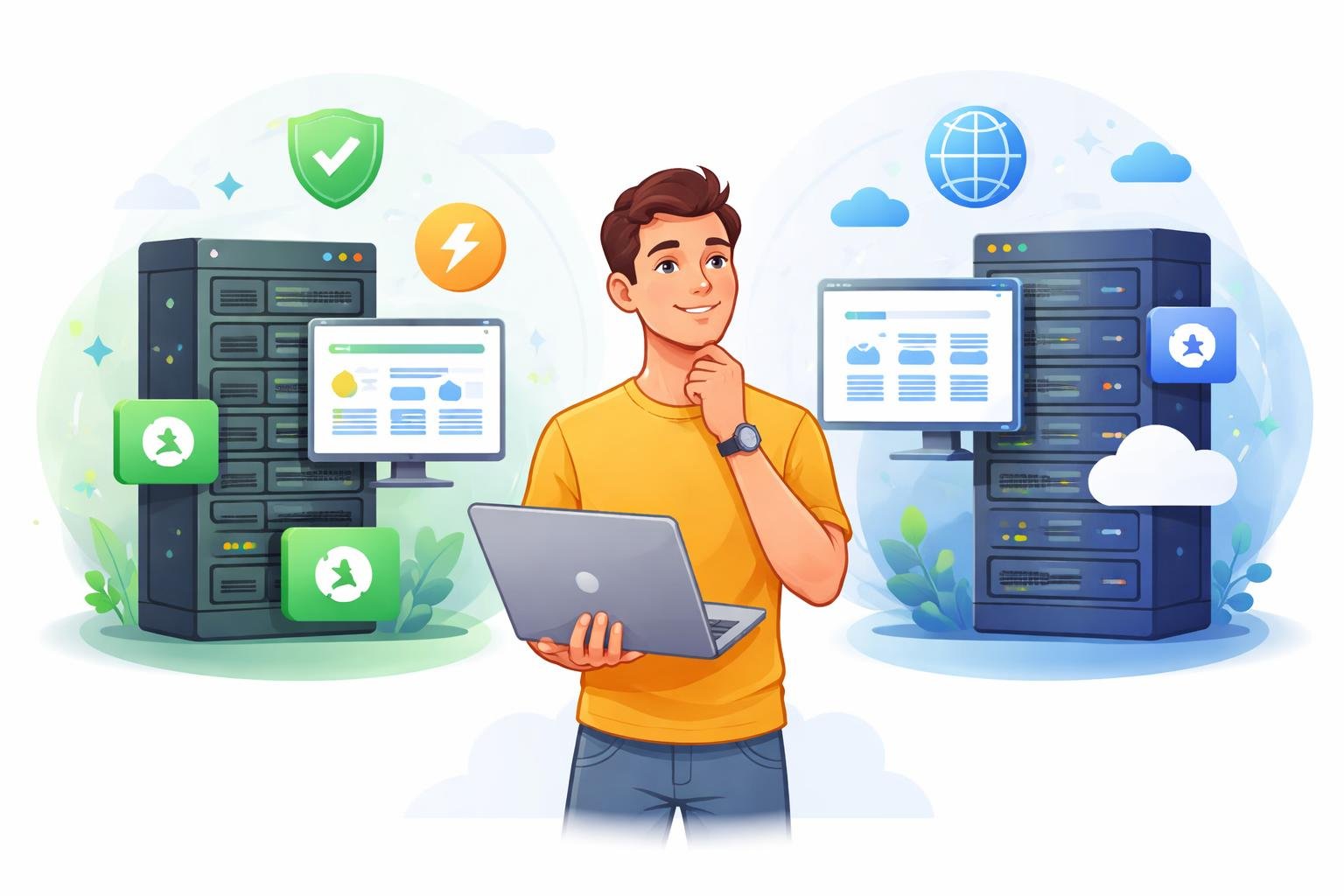 SiteGround vs Bluehost for Beginners: Which Is Better? 2 A beginner user standing between two server racks representing SiteGround and Bluehost, comparing features with icons for security, speed, global reach, and ease of use.