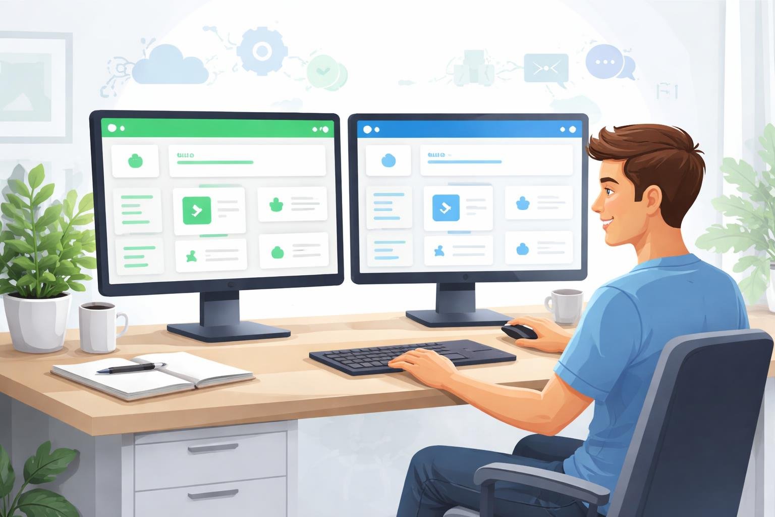 SiteGround vs Bluehost for Beginners: Which Is Better? 3 A person using two computers side by side, comparing website dashboards in a clean, organized workspace with icons representing setup and ease of use.