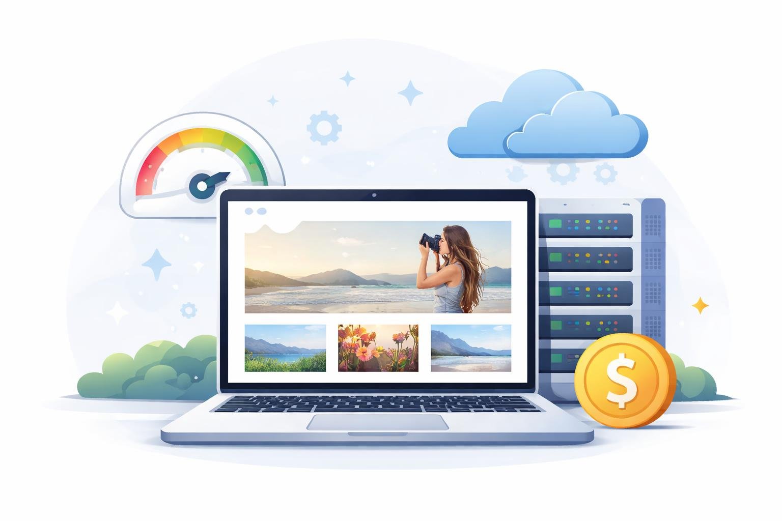 A laptop showing a photography website surrounded by icons representing fast internet, cloud hosting, and affordability.