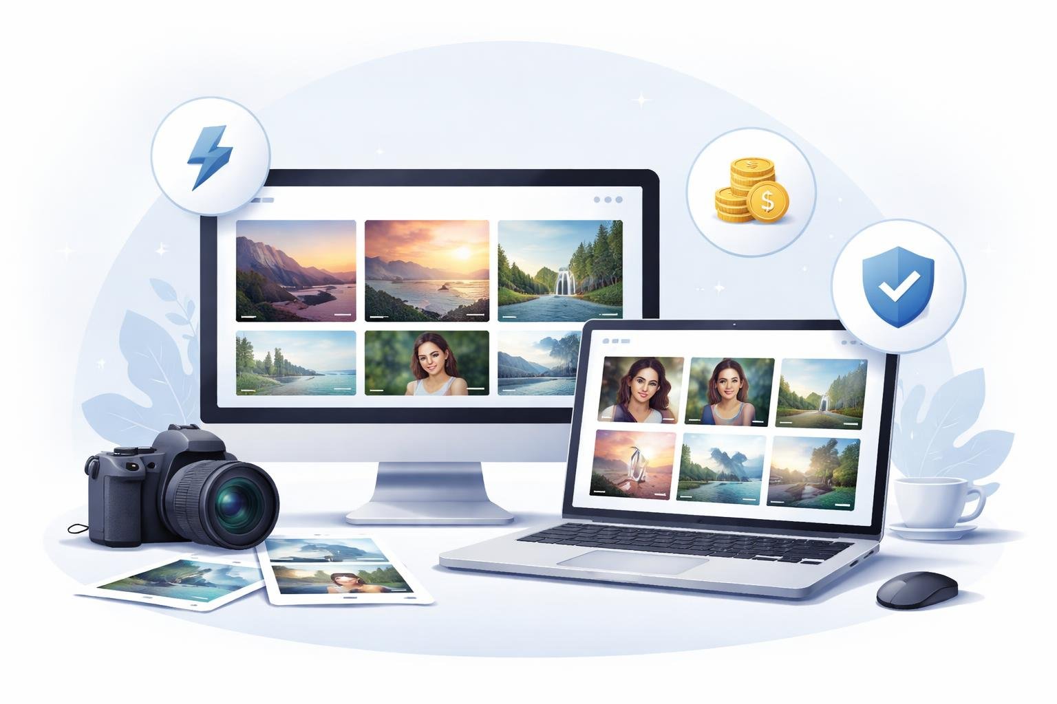 Best Hosting for a Small Photography Website: Fast & Affordable 3 A desktop computer and laptop showing photo galleries with photography equipment nearby, symbolizing hosting solutions for a small photography website.
