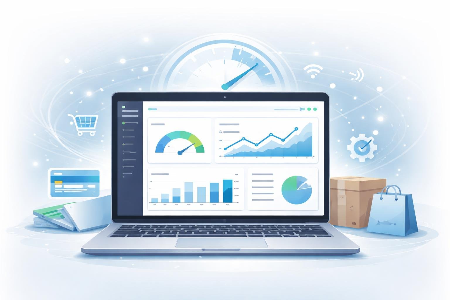 A laptop displaying e-commerce performance charts surrounded by shopping icons and digital speed symbols.