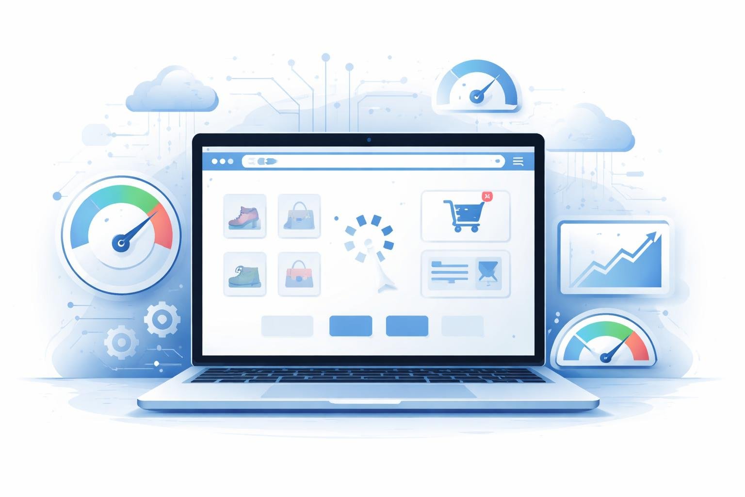 SiteGround WooCommerce Review: Speed, Pricing, and Fit 3 A laptop displaying an online store interface surrounded by icons representing speed, performance charts, and cloud hosting.