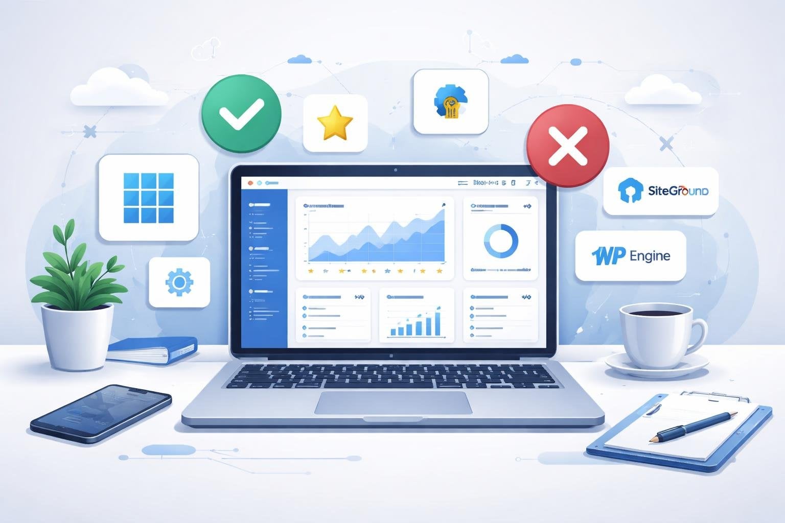 Bluehost WooCommerce Review 2026: Pros, Cons & Alternatives 1 A workspace with a laptop showing e-commerce analytics, surrounded by icons representing pros, cons, and alternative web hosting options.