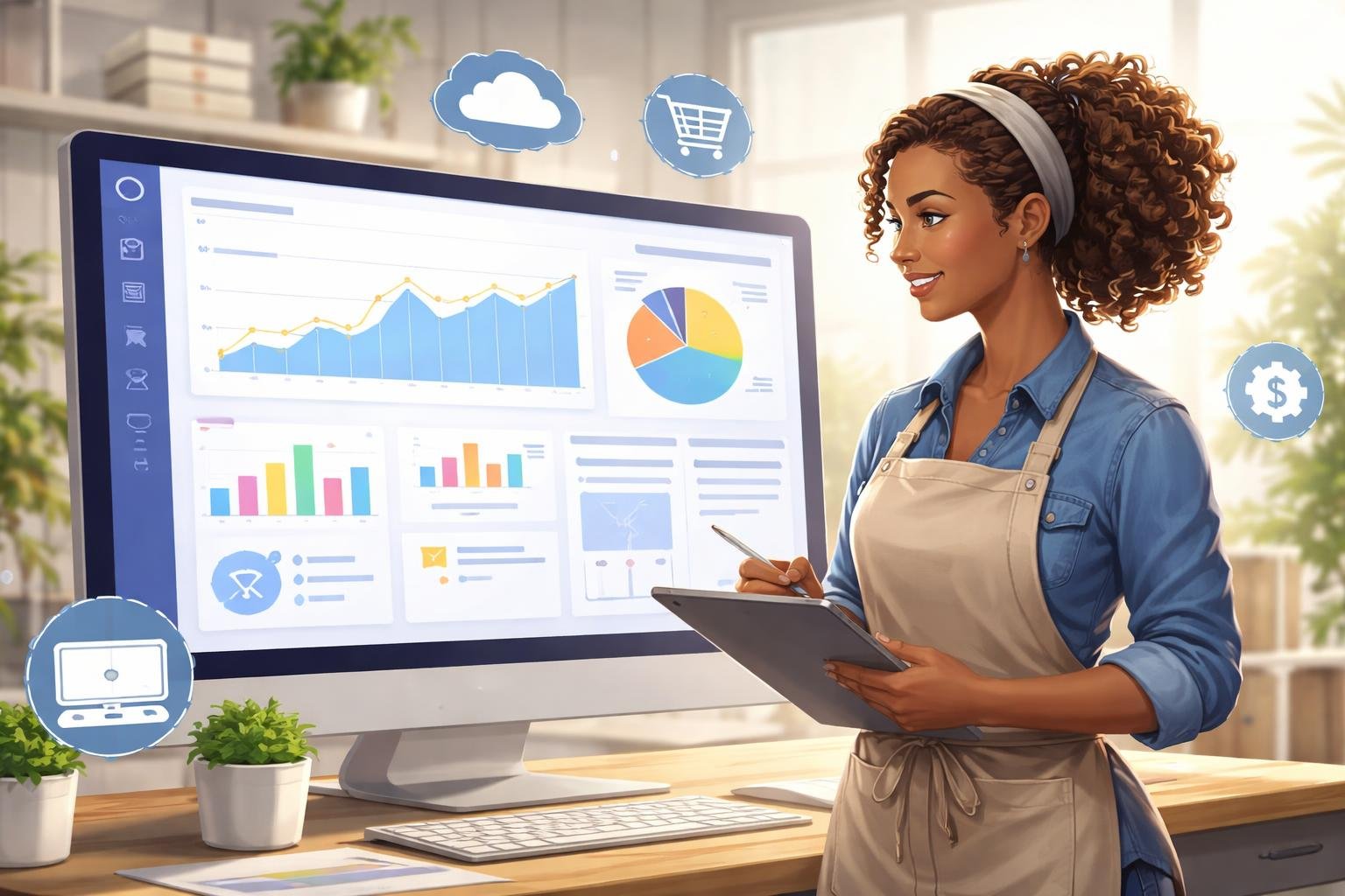 Bluehost WooCommerce Review 2026: Pros, Cons & Alternatives 2 A store owner reviewing online store performance charts on a computer in a modern office setting.