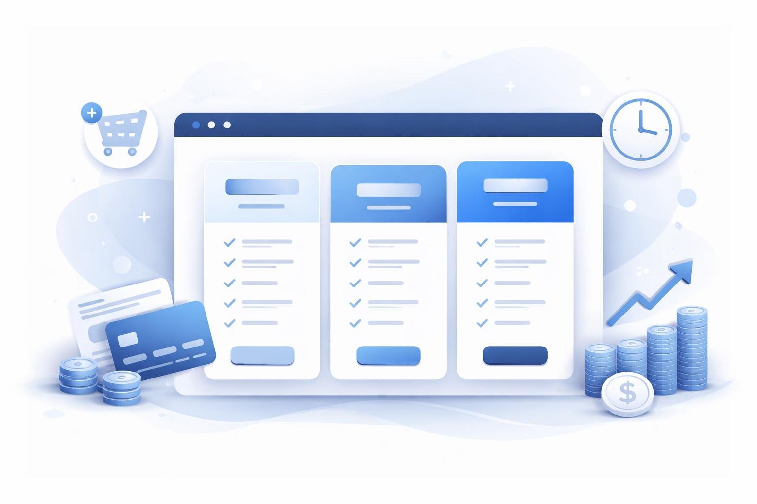 Bluehost WooCommerce Review 2026: Pros, Cons & Alternatives 3 A digital illustration showing a pricing dashboard with multiple plan tiers, e-commerce icons like shopping carts and credit cards, and symbols representing long-term value.