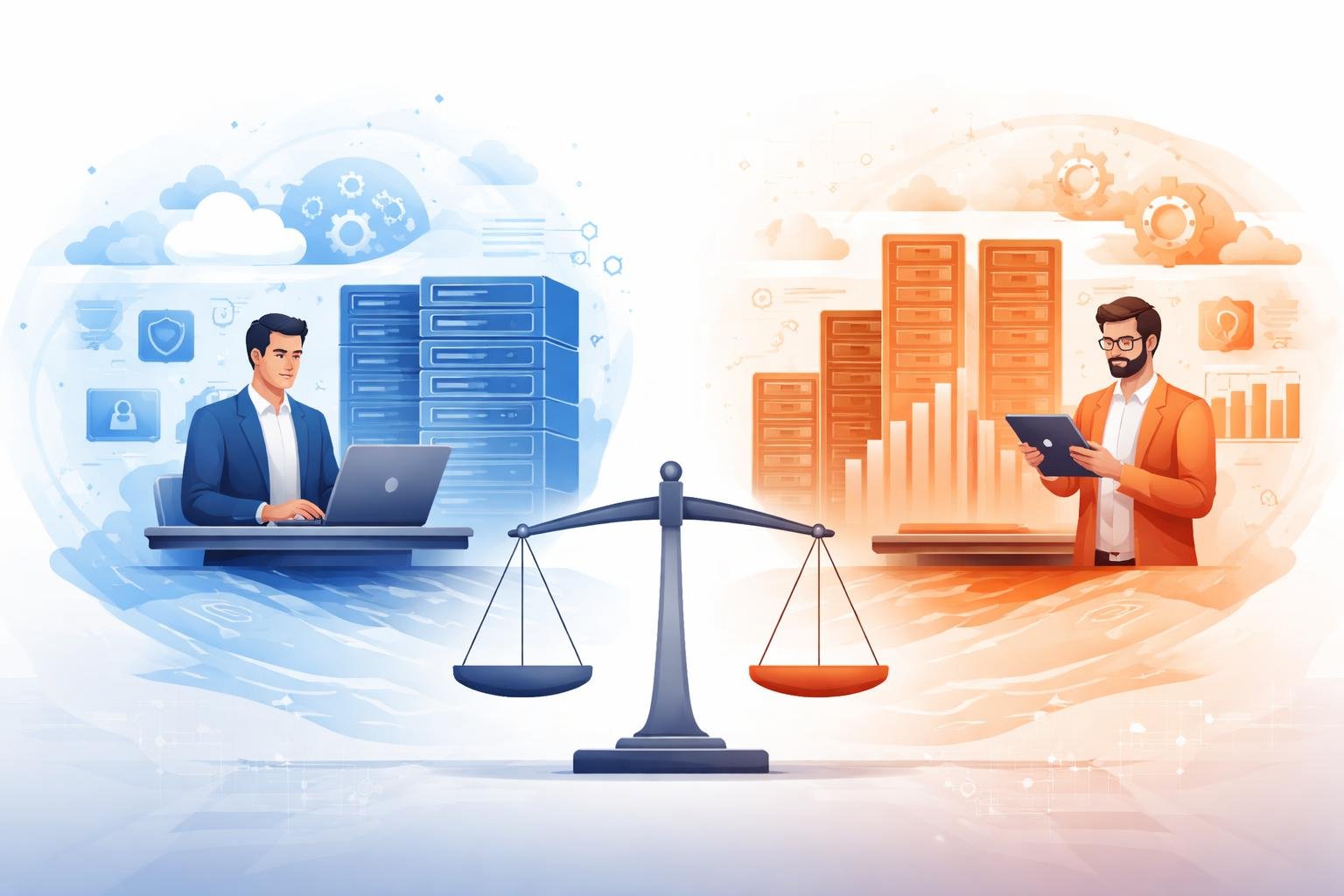Two professionals on either side representing Bluehost and Hostinger, with technology and cloud symbols suggesting a comparison between the two web hosting services.