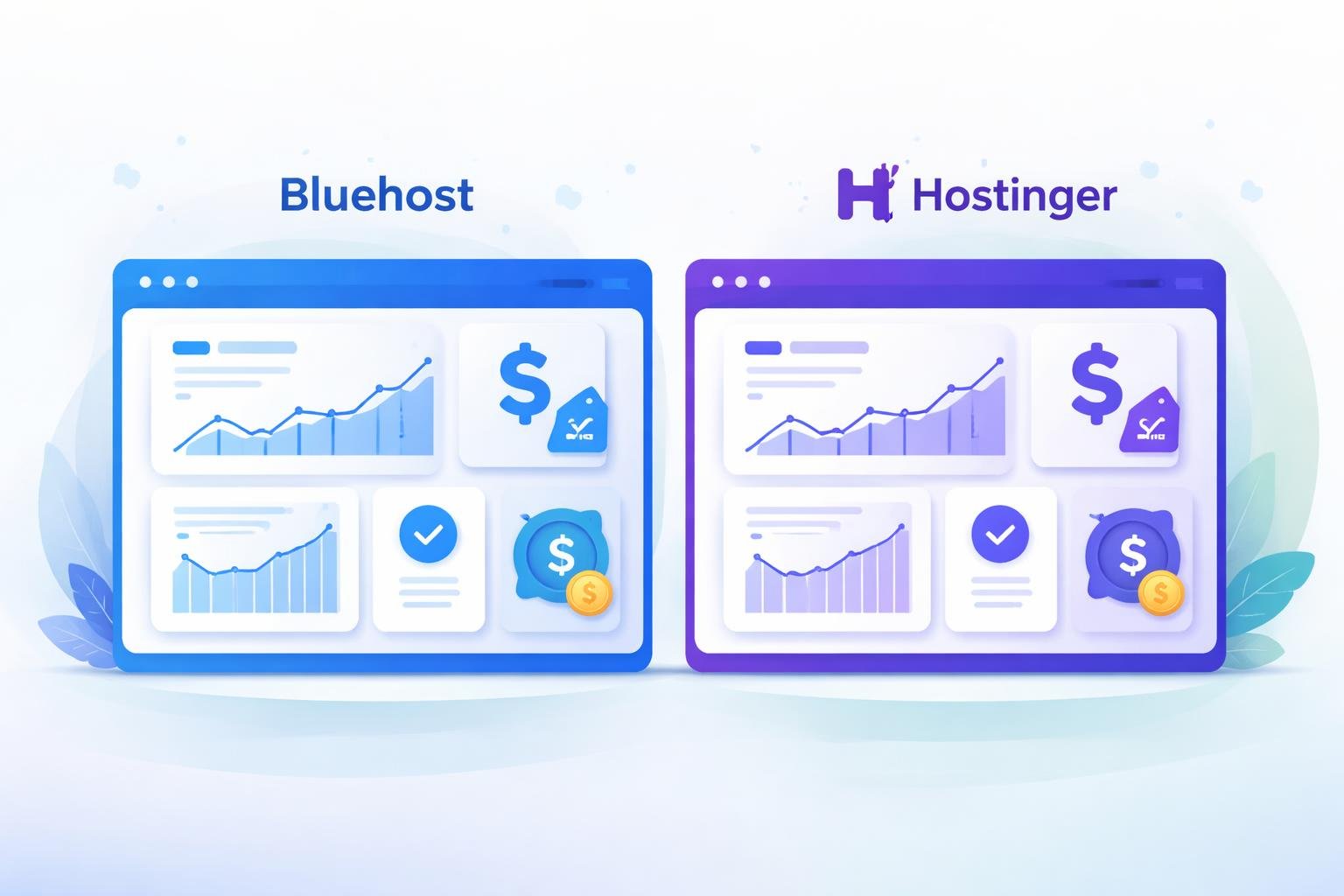 Bluehost vs Hostinger 2026: Best Value for Your Site 3 Two side-by-side digital dashboards comparing pricing, renewal costs, and value for two web hosting providers.