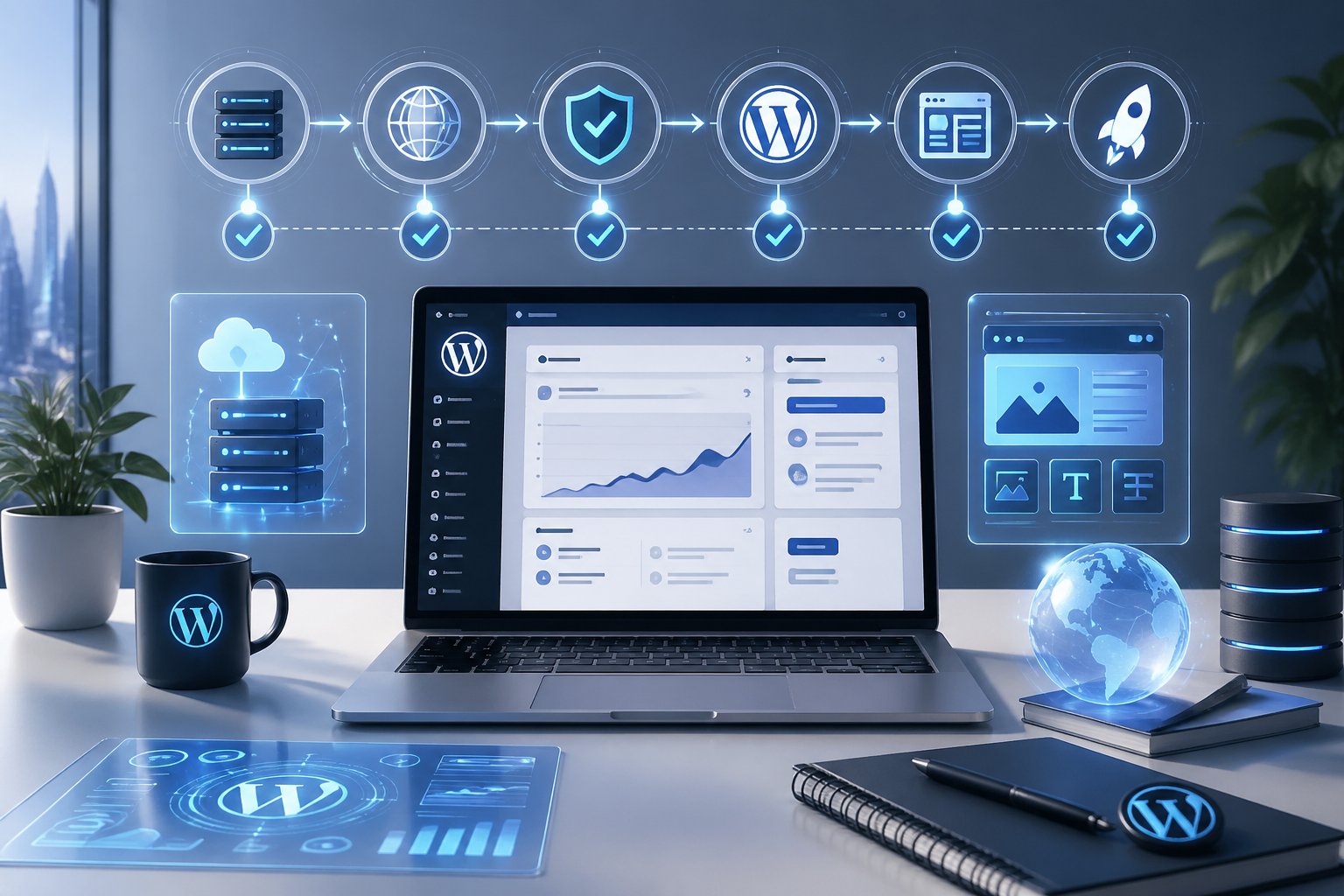 A modern workspace with a laptop showing a WordPress dashboard, surrounded by icons for web hosting, domain registration, and blogging tools, illustrating the process of setting up a WordPress blog.