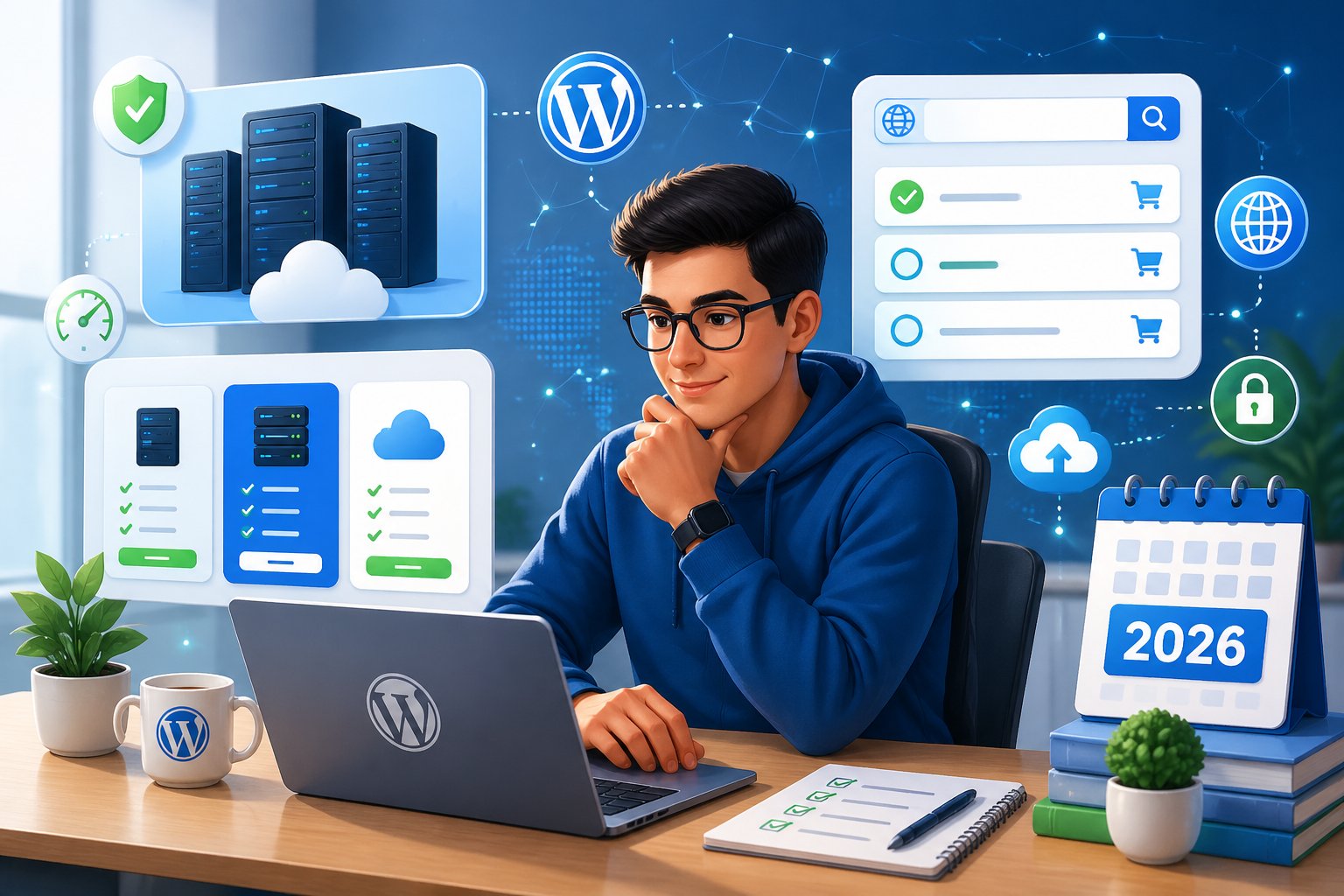 How to Start a Blog With WordPress Hosting in 2026 3 A person at a desk using a laptop to choose web hosting and register a domain for starting a WordPress blog, surrounded by icons representing servers, domain search, and WordPress.