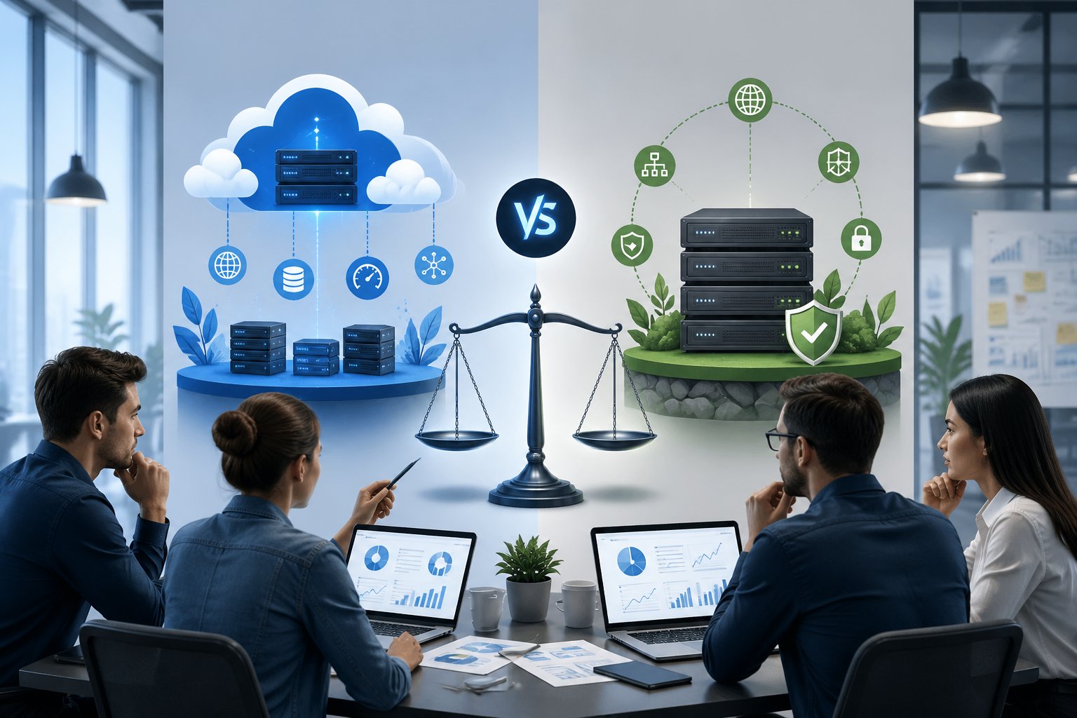 An illustration showing a comparison between two web hosting services for agencies, with symbolic cloud and server elements on each side and professionals working in a modern office setting.