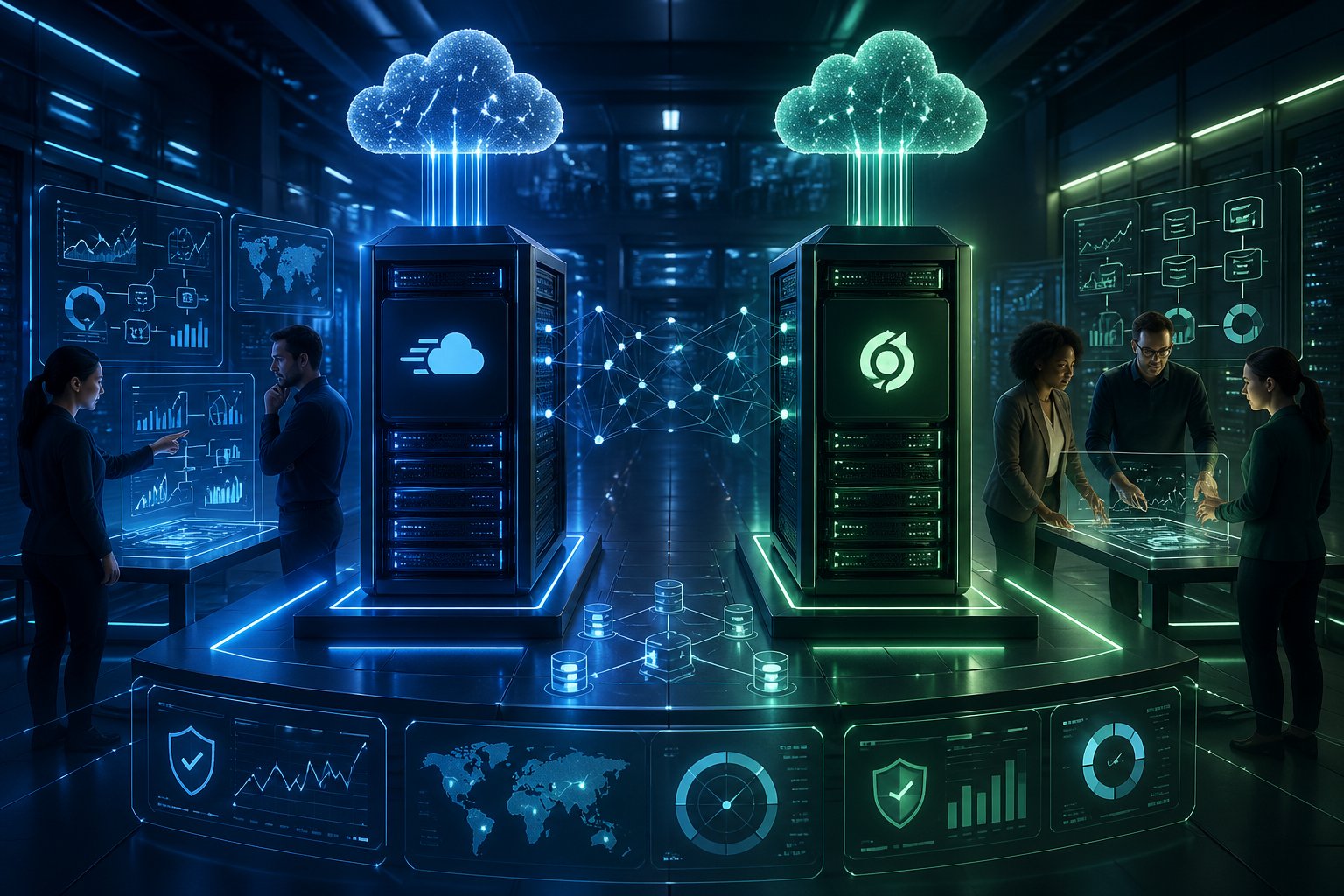 Cloudways vs SiteGround: Best Hosting for Agencies 3 A modern data center with two distinct server racks and a team of professionals collaborating around digital screens displaying graphs and charts.