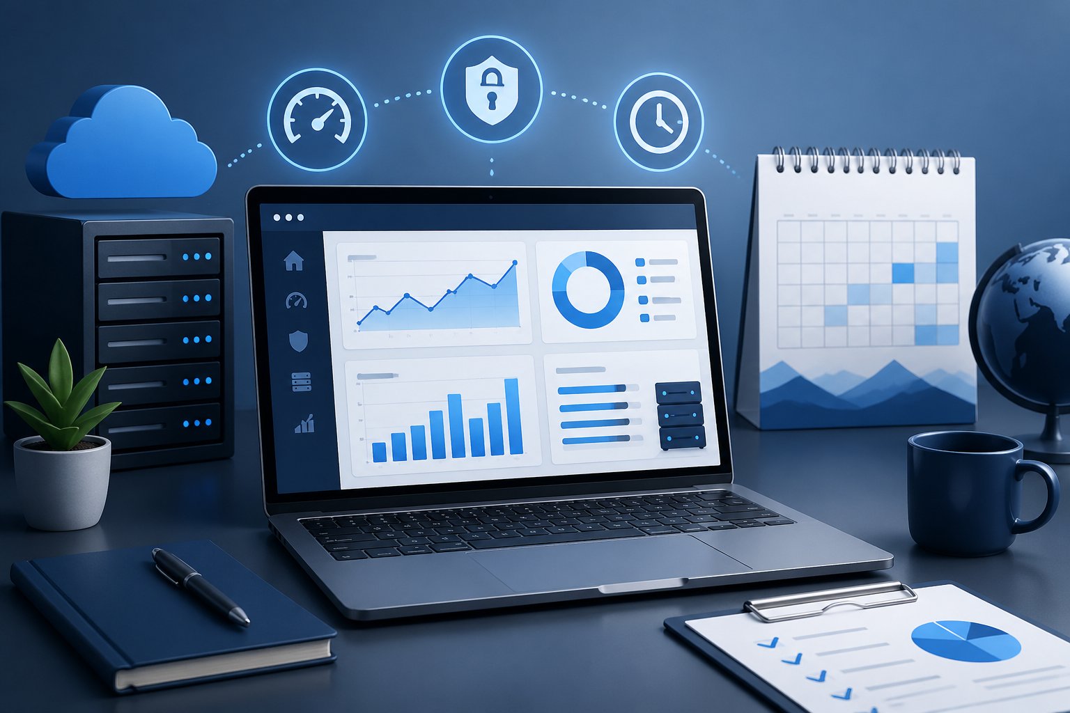 WP Engine Review 2026: Worth the Premium Price? 1 A modern workspace with a laptop showing charts and icons representing web hosting performance, alongside a calendar marked 2026.