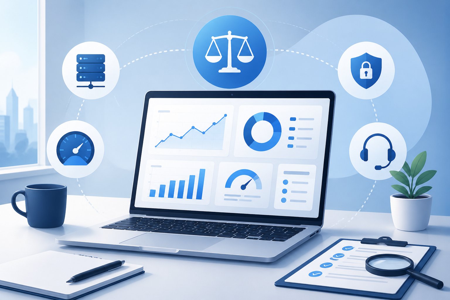 WP Engine Review 2026: Worth the Premium Price? 2 A modern workspace with a laptop showing graphs and icons representing web hosting and performance evaluation.
