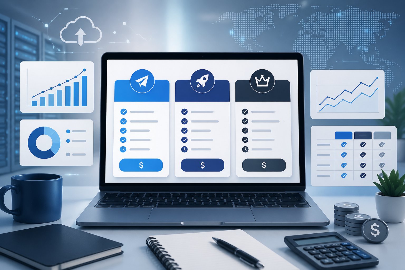 WP Engine Review 2026: Worth the Premium Price? 3 A workspace with a laptop showing various pricing plan cards and floating charts representing cost comparison and analysis.