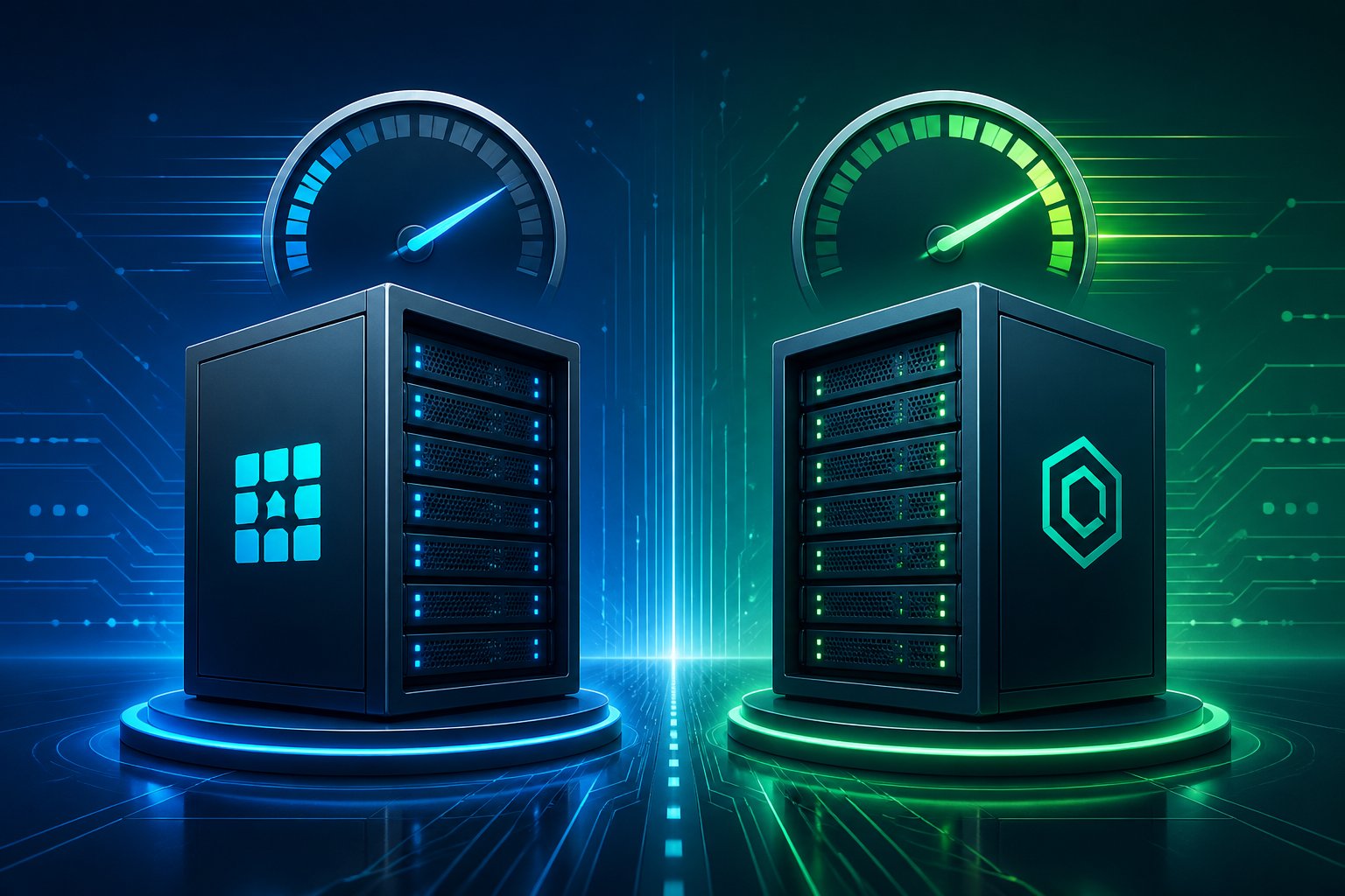 Two modern server racks side by side with speedometer gauges above them showing a speed comparison.