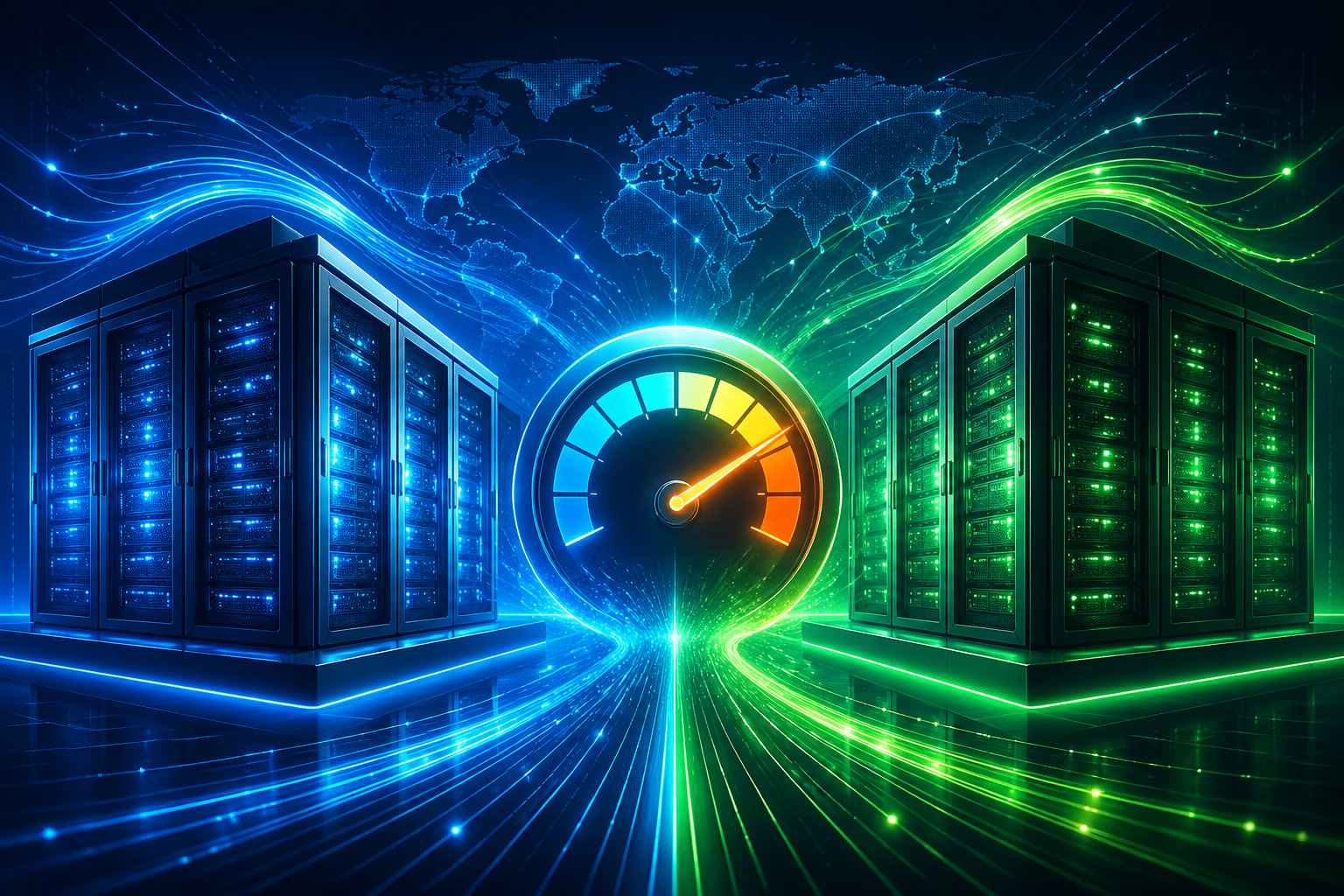 WP Engine vs Kinsta: Speed, Price & Features Compared 3 Two futuristic server farms side by side connected by digital data streams with a speedometer gauge in between showing a comparison of performance.
