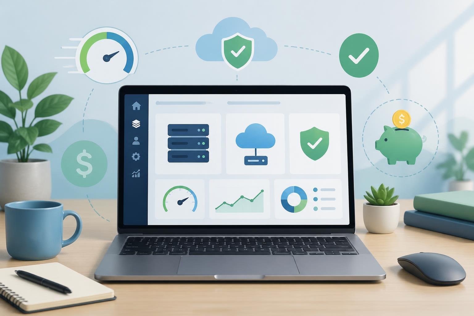 A modern workspace with a laptop showing hosting-related icons and symbols representing affordable and reliable managed WordPress hosting.