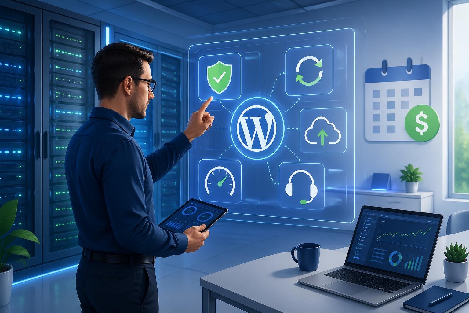 Best Managed WordPress Hosting Under $30: Top Picks 3 An IT professional using a digital interface in a server room with icons representing hosting features like security, backups, and support.