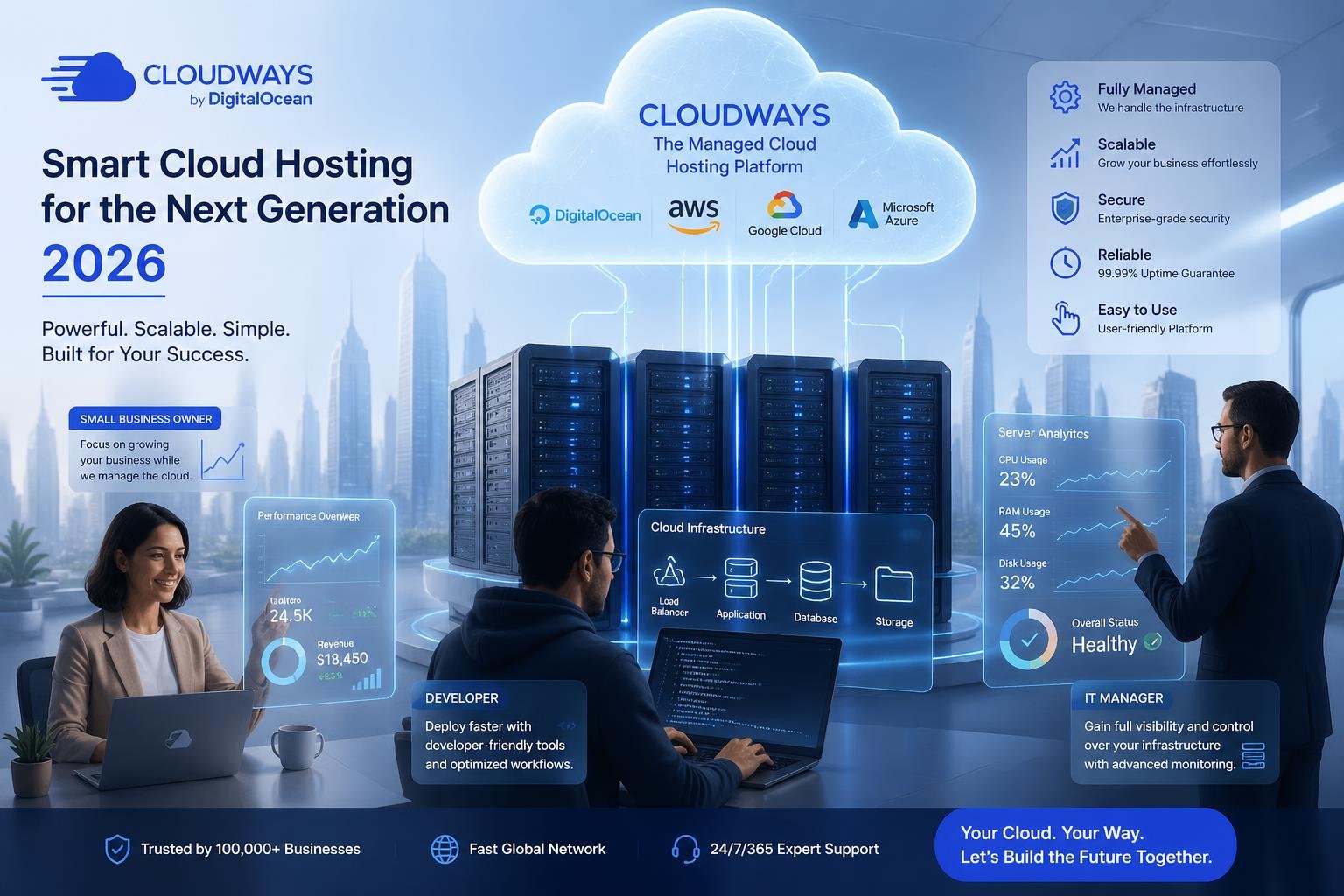 A futuristic data center connected to a large cloud with business professionals interacting with digital interfaces representing cloud hosting.