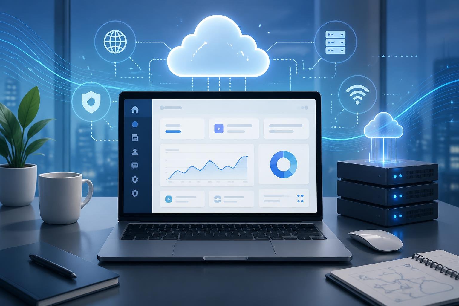 Cloudways Review 2026: Best Cloud Hosting for WordPress? 3 A modern workspace with a laptop showing a website dashboard, surrounded by cloud and server icons representing cloud hosting technology.