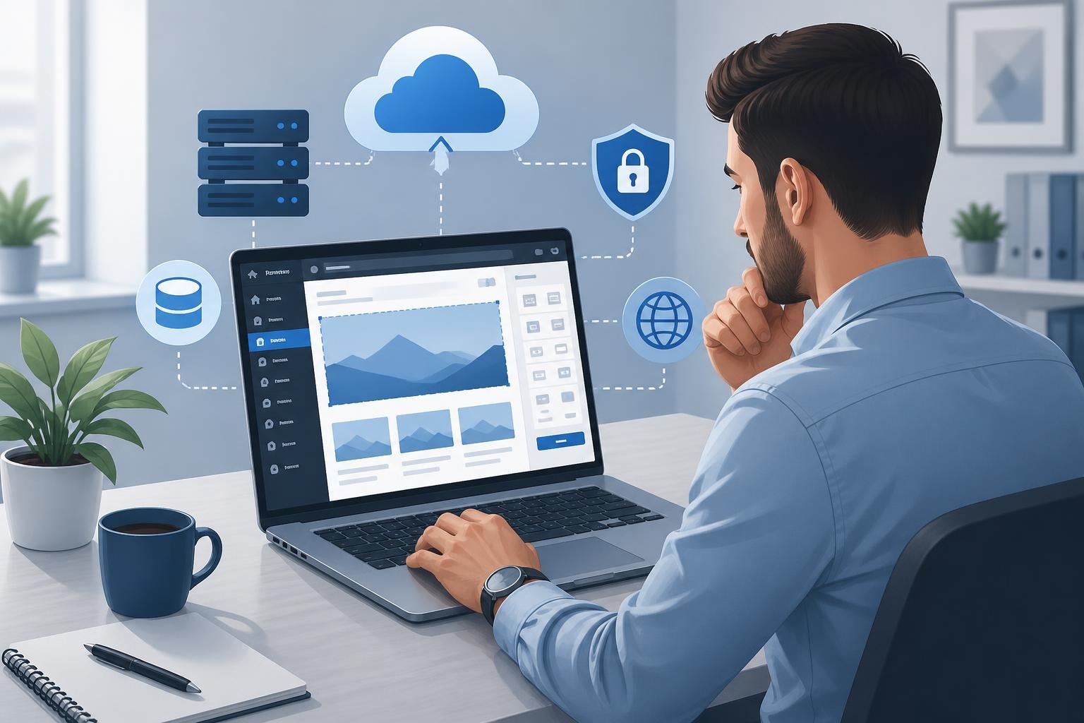 InterServer Review WordPress Hosting: Budget Reliability in 2026 1 A person working on a laptop showing a website editor, surrounded by icons representing cloud hosting and security, in a modern office setting.